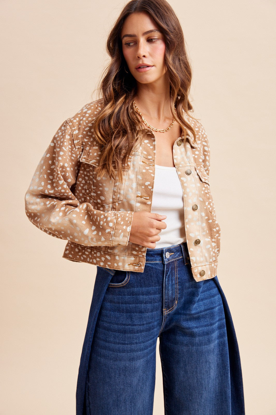 Deer Printed Cropped Denim Jacket — Camel
