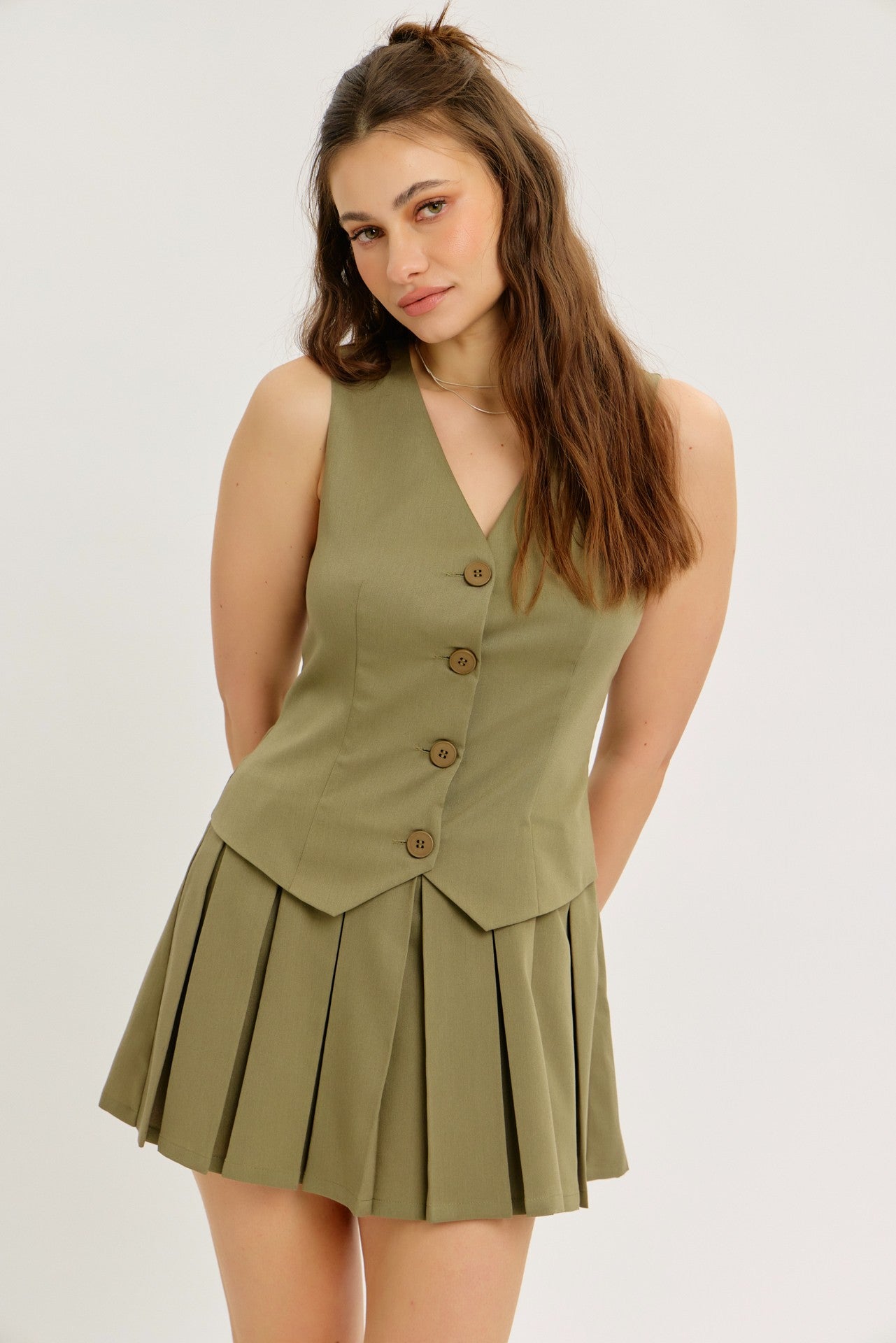 Olive Pleated Dress