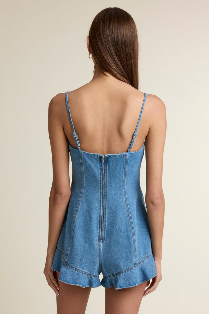 Denim Bow Detail Strap Shoulder Romper