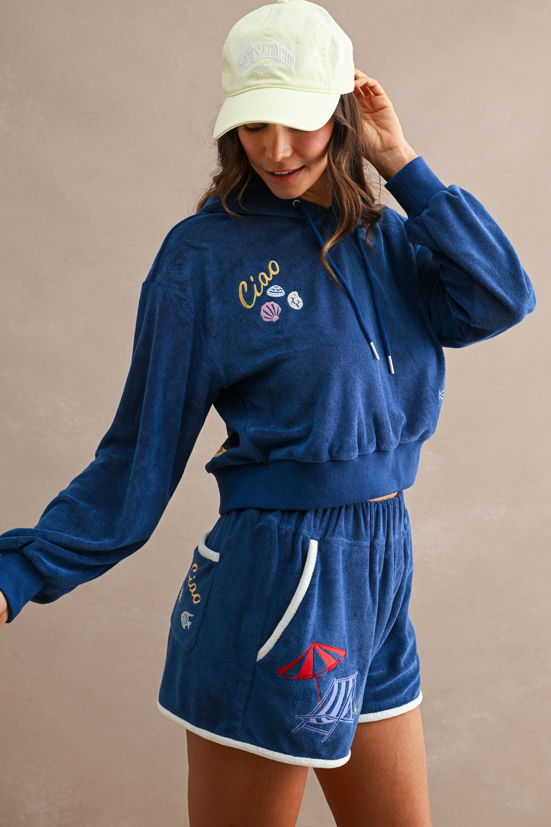 Embroidered Terry Crop Hoodie and Shorts Set