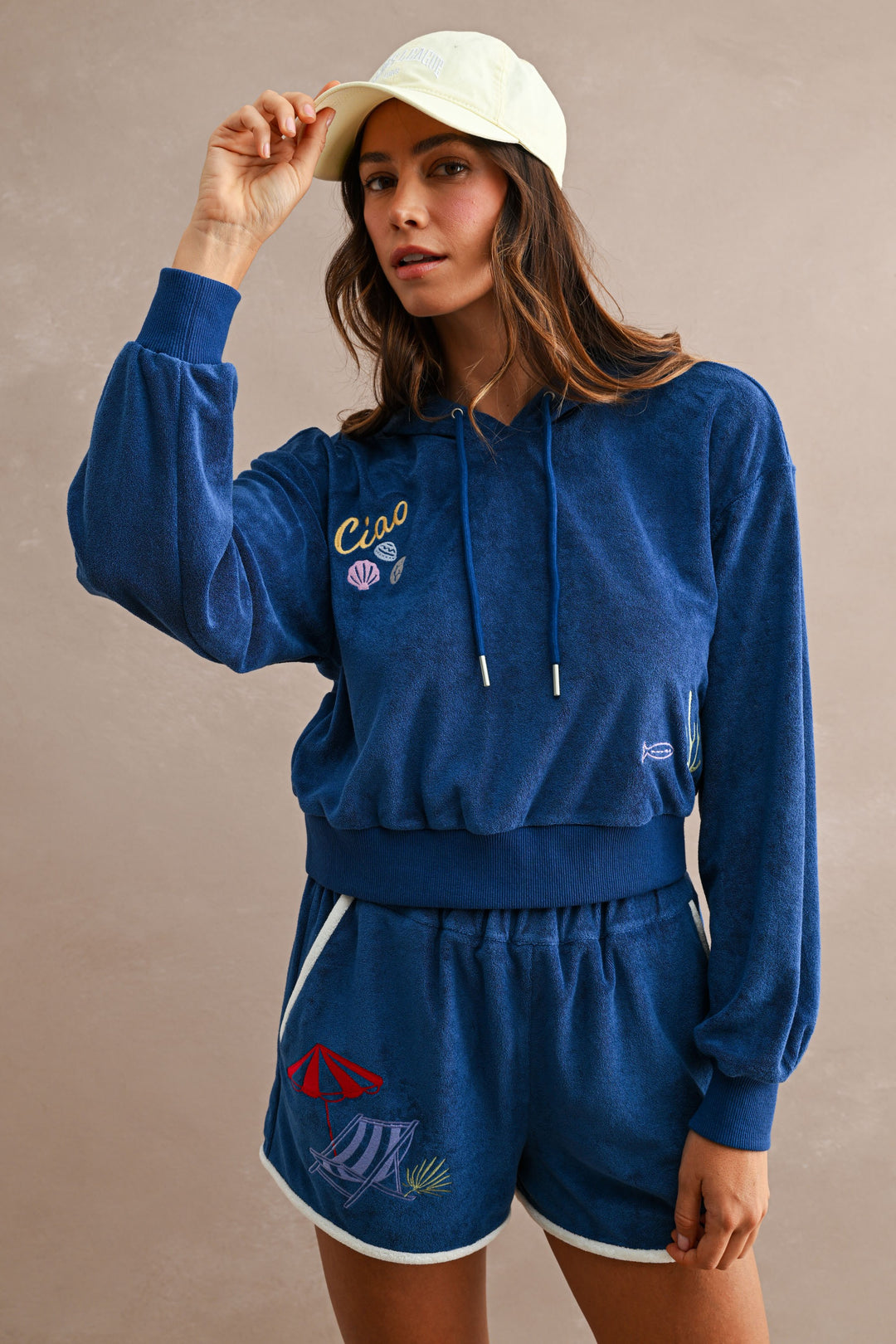 Embroidered Terry Crop Hoodie and Shorts Set