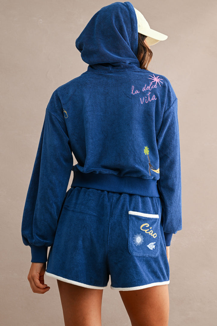 Embroidered Terry Crop Hoodie and Shorts Set