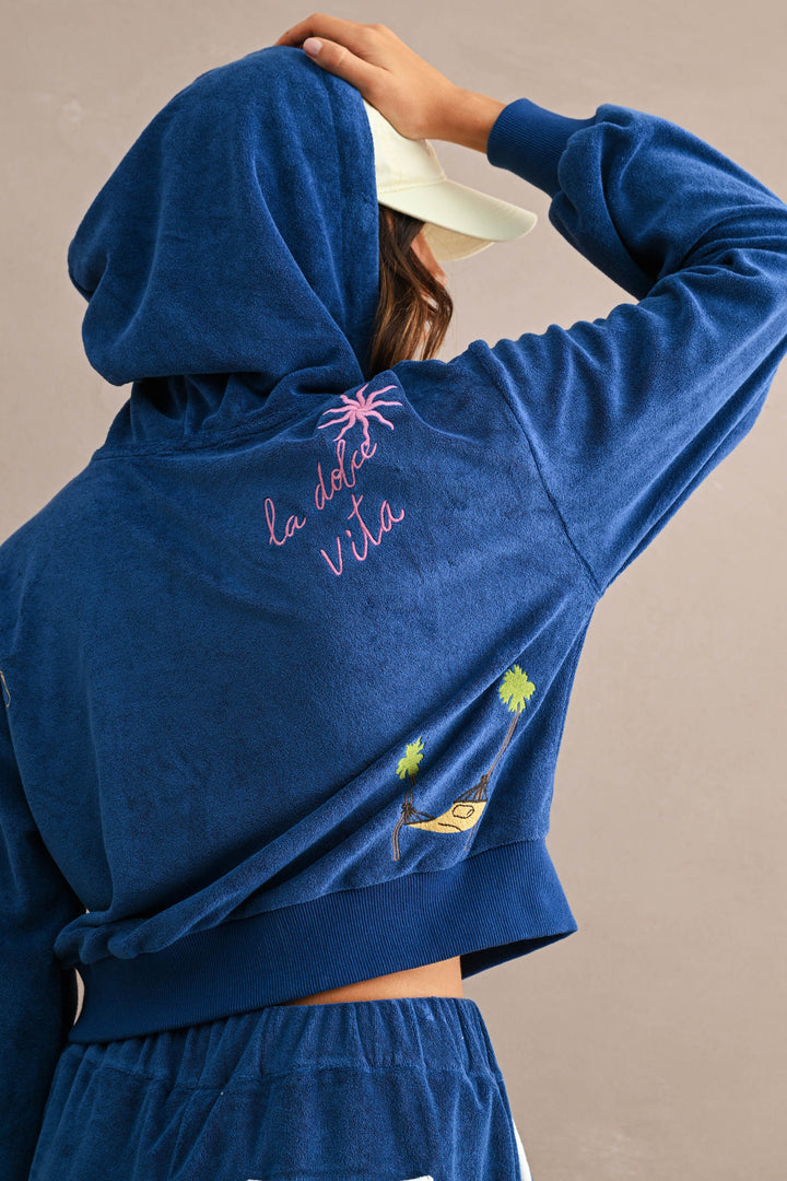 Embroidered Terry Crop Hoodie and Shorts Set