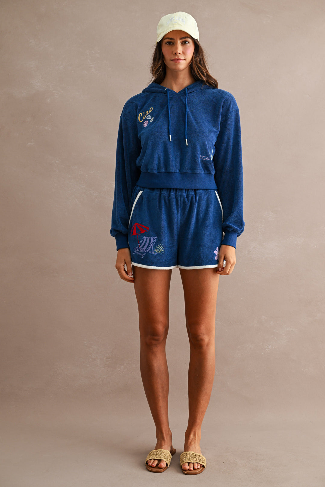 Embroidered Terry Crop Hoodie and Shorts Set