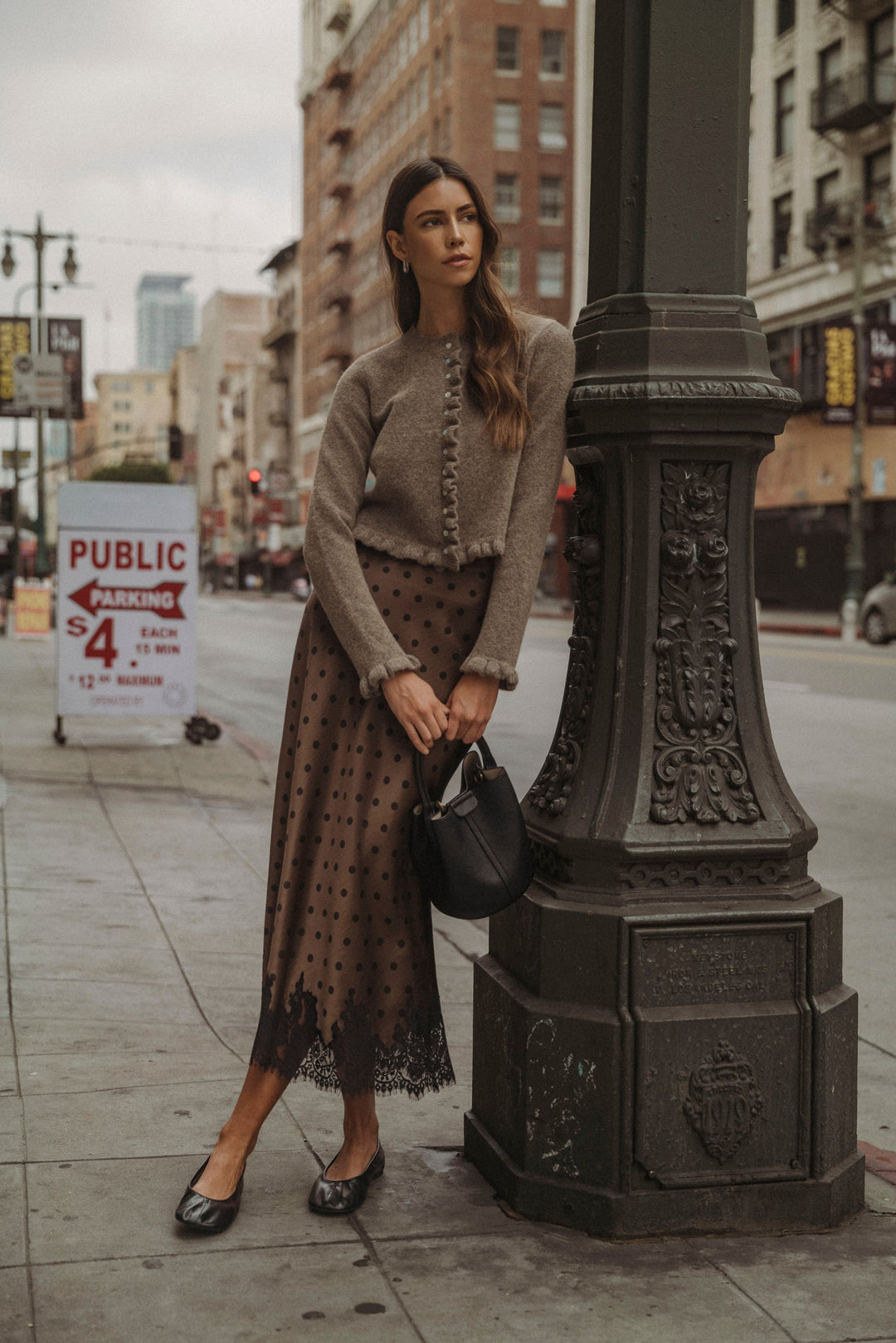 Brown Polka Midi Skirt