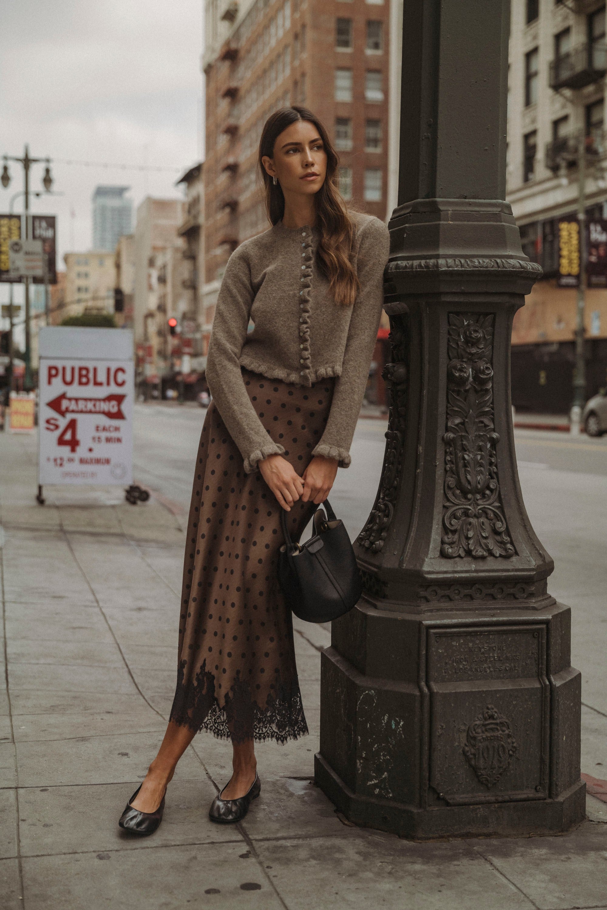 Brown Polka Midi Skirt