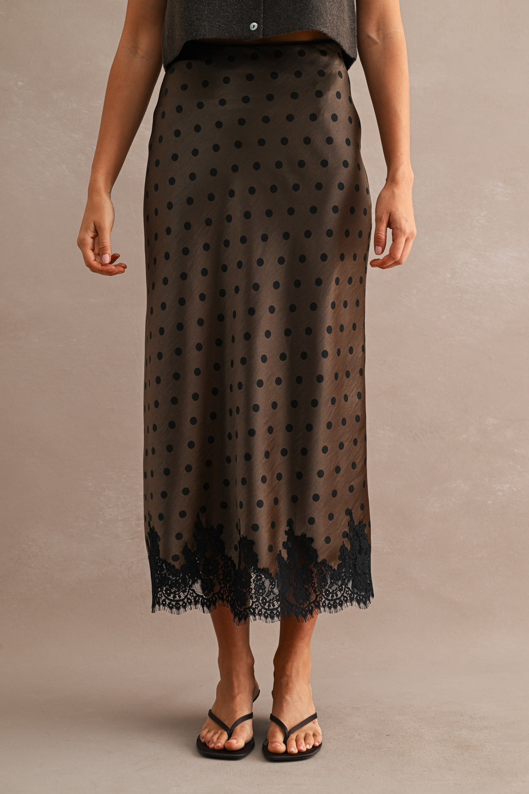 Brown Polka Midi Skirt