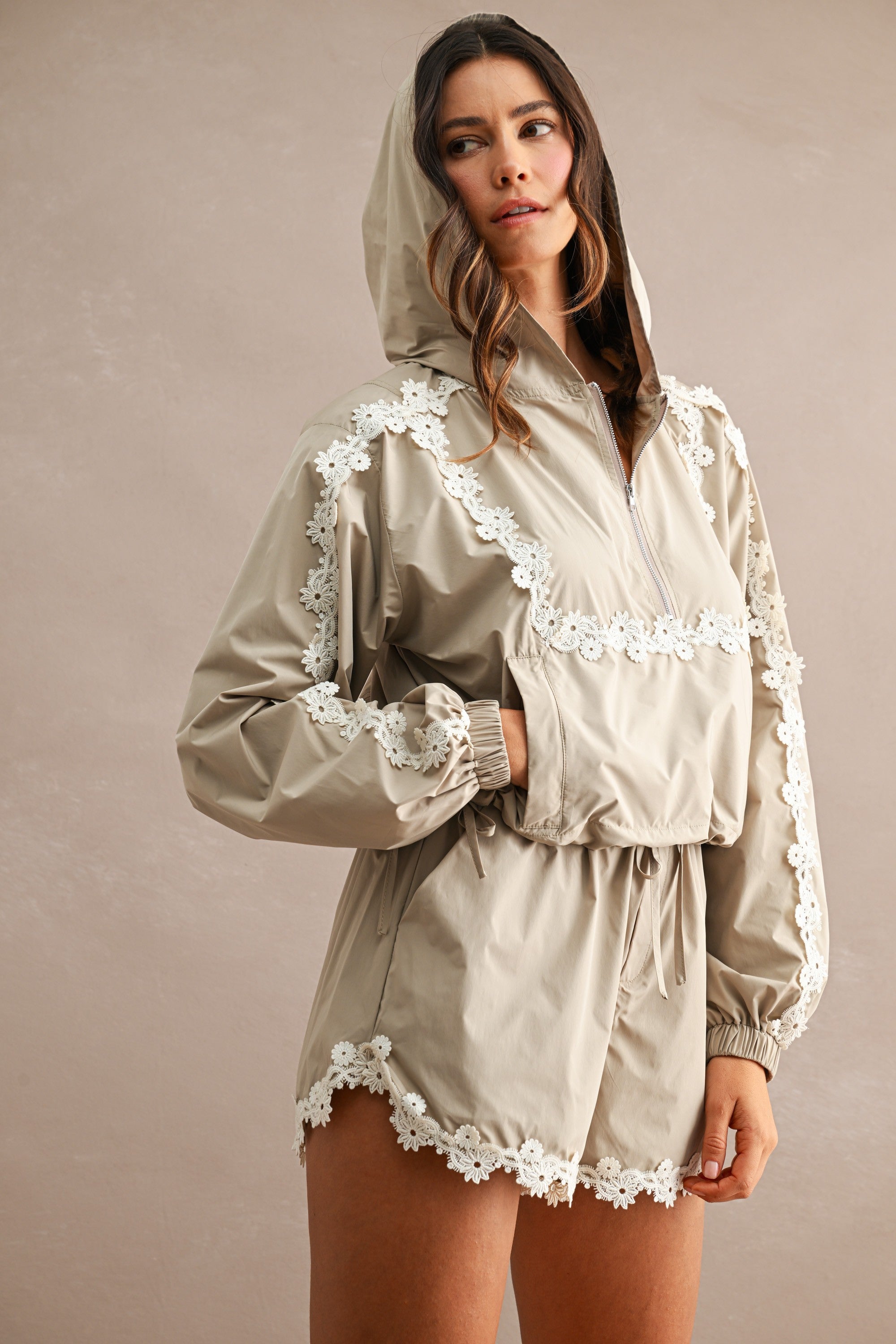 Cream Floral Windbreaker and Shorts Set