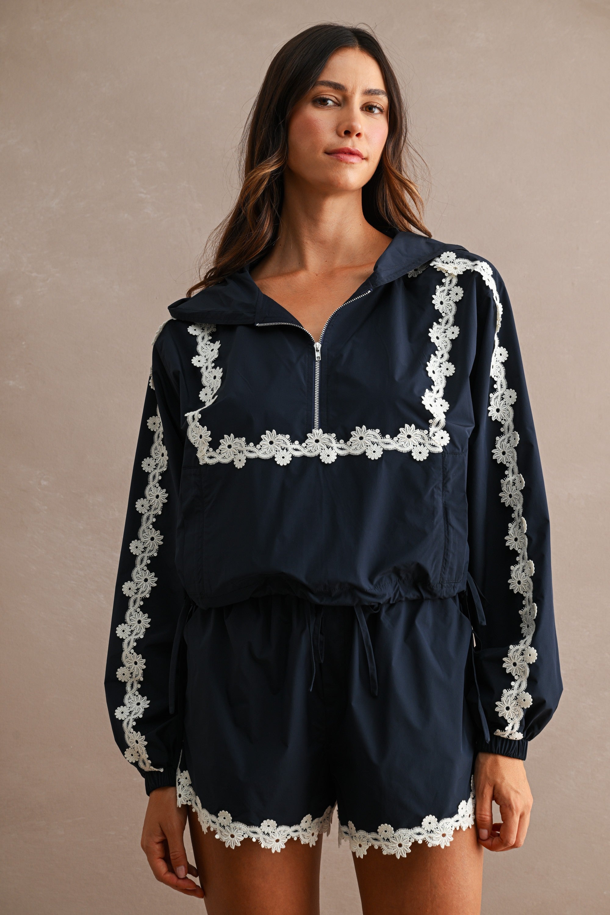 Navy Floral Windbreaker and Shorts Set