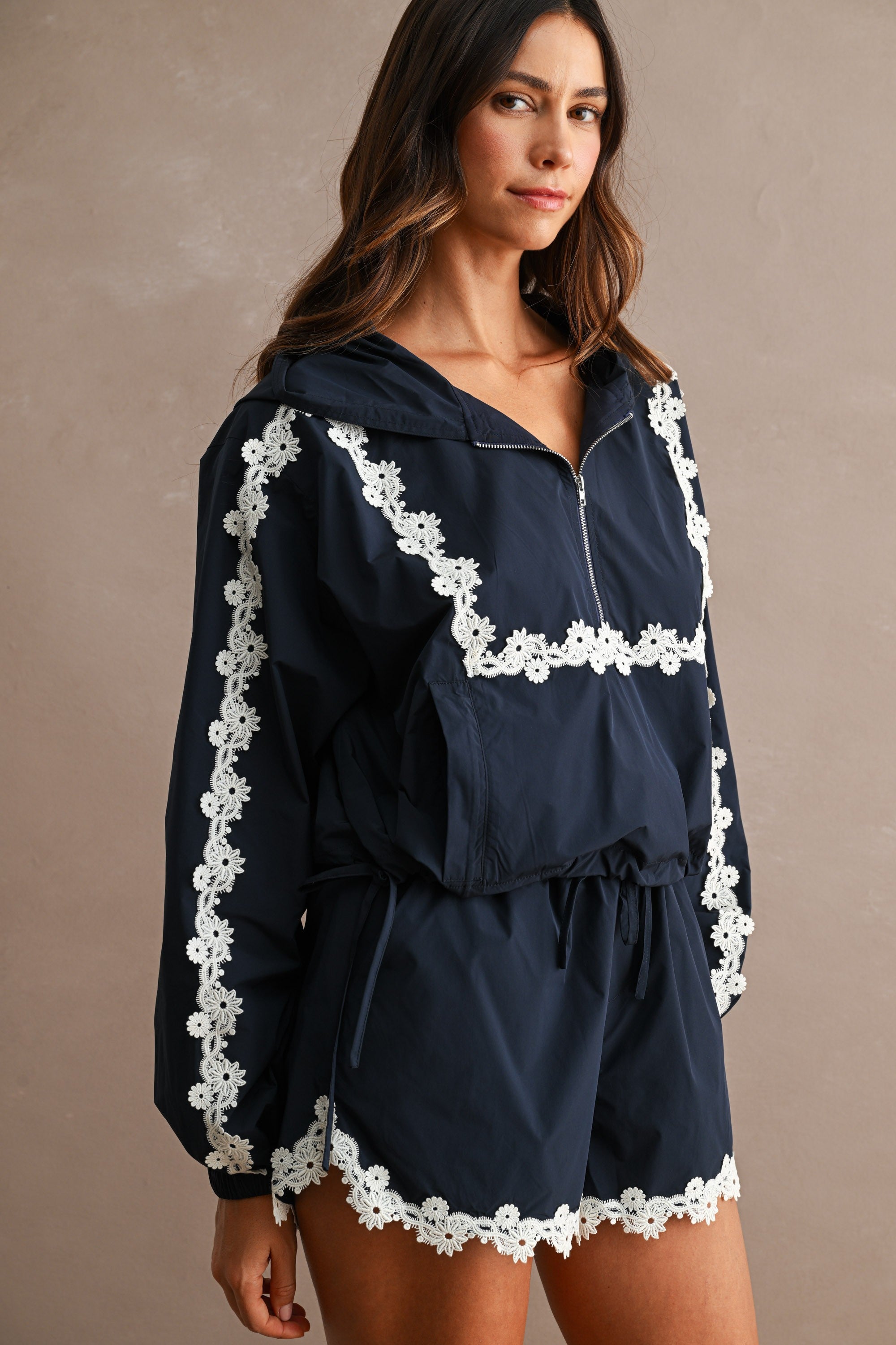 Navy Floral Windbreaker and Shorts Set