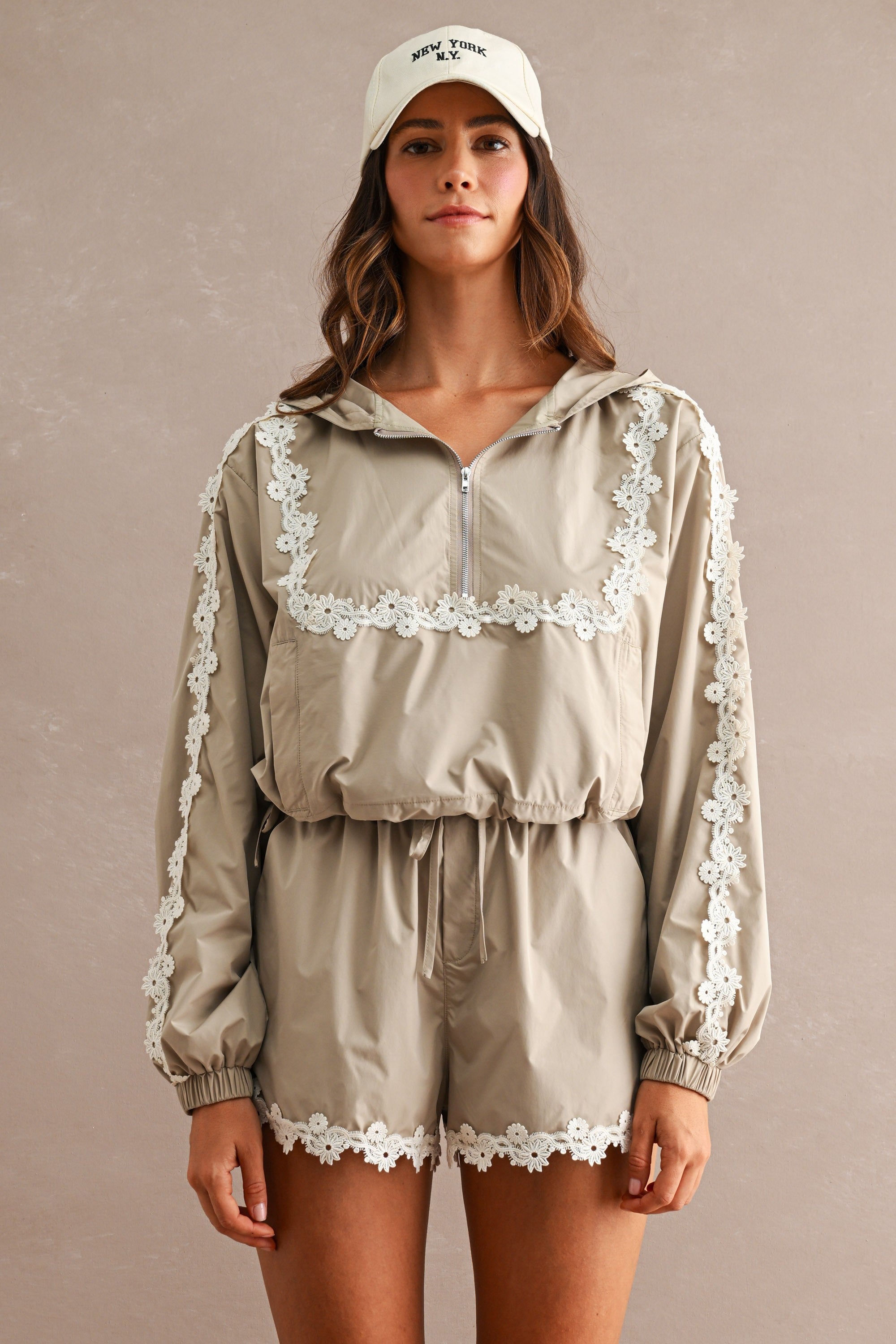 Cream Floral Windbreaker and Shorts Set