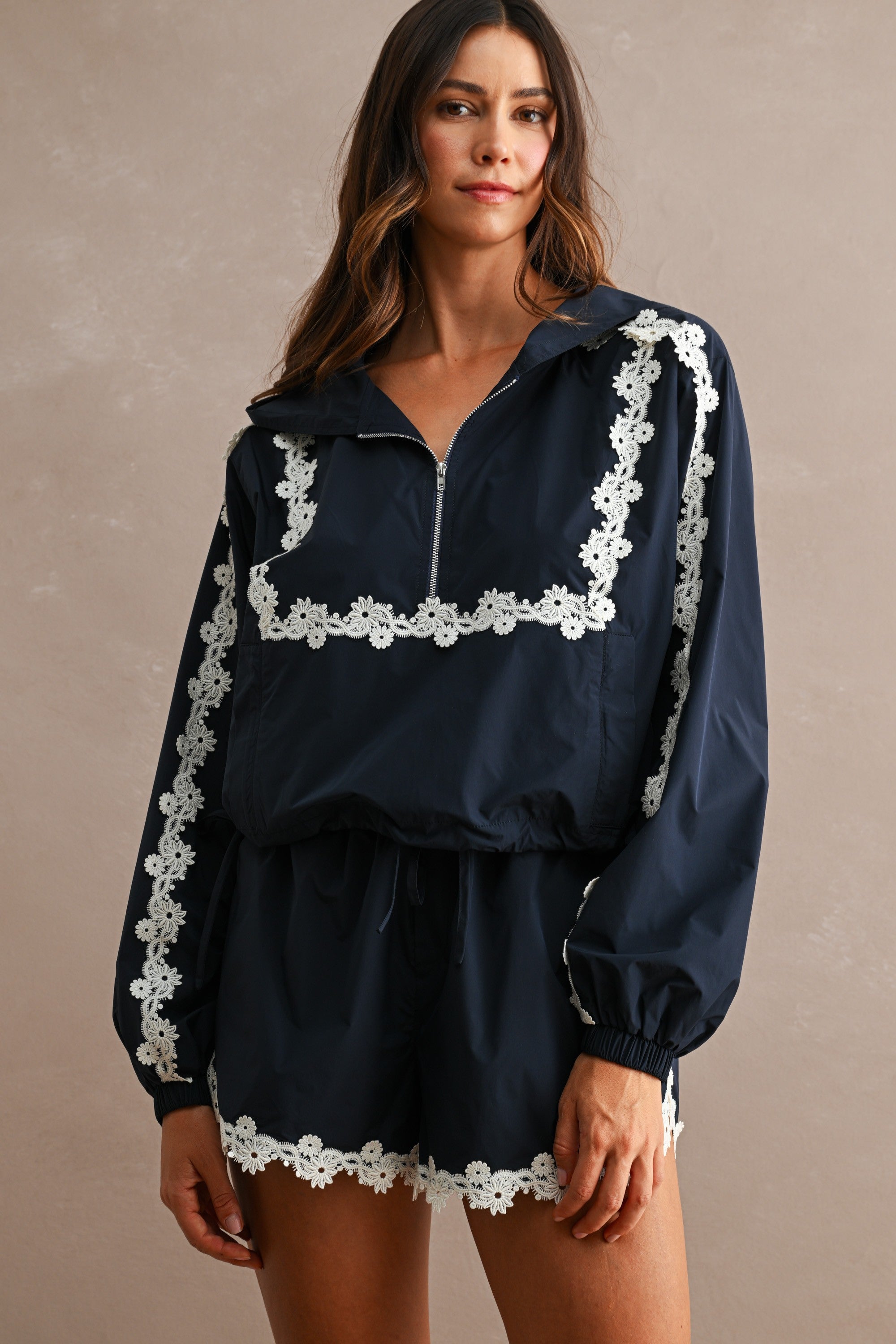 Navy Floral Windbreaker and Shorts Set