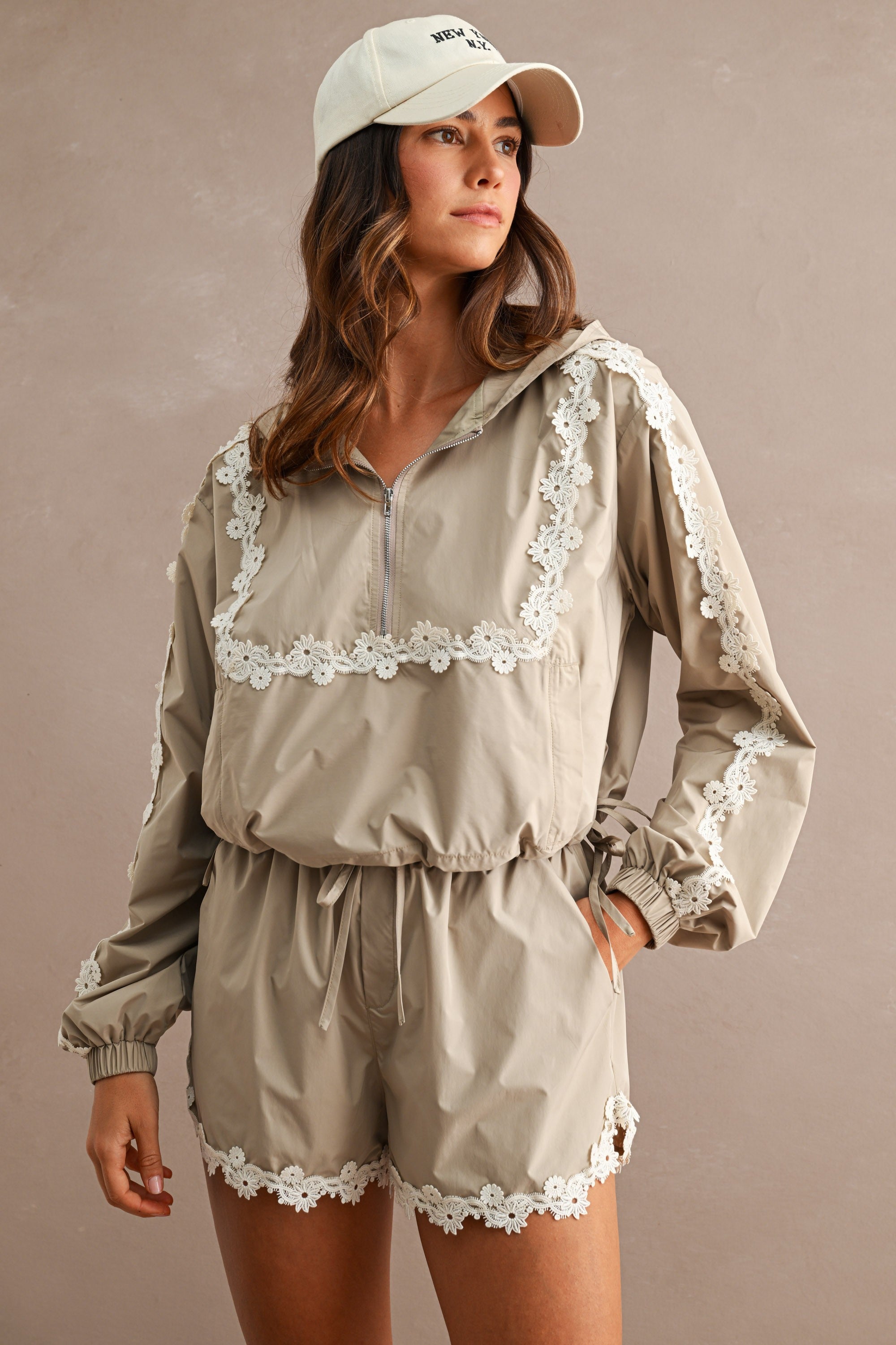 Cream Floral Windbreaker and Shorts Set