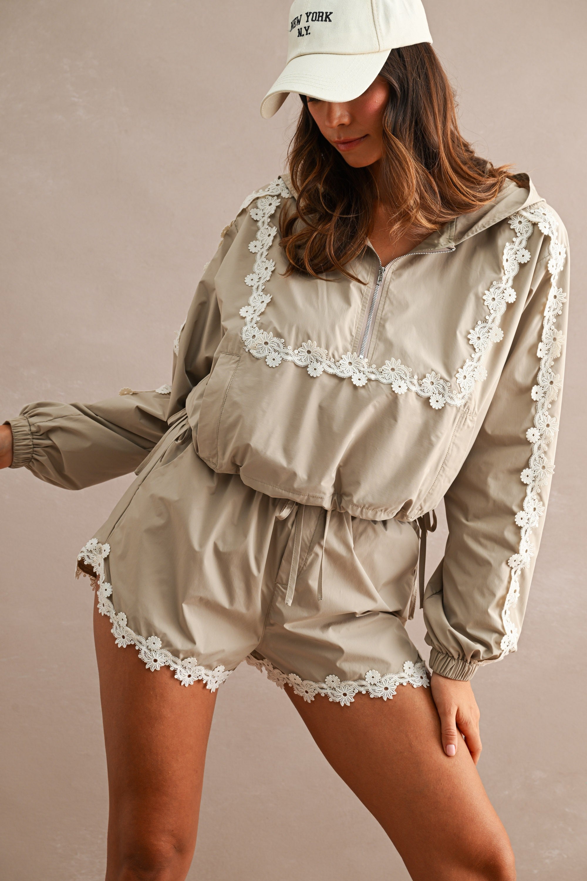 Cream Floral Windbreaker and Shorts Set