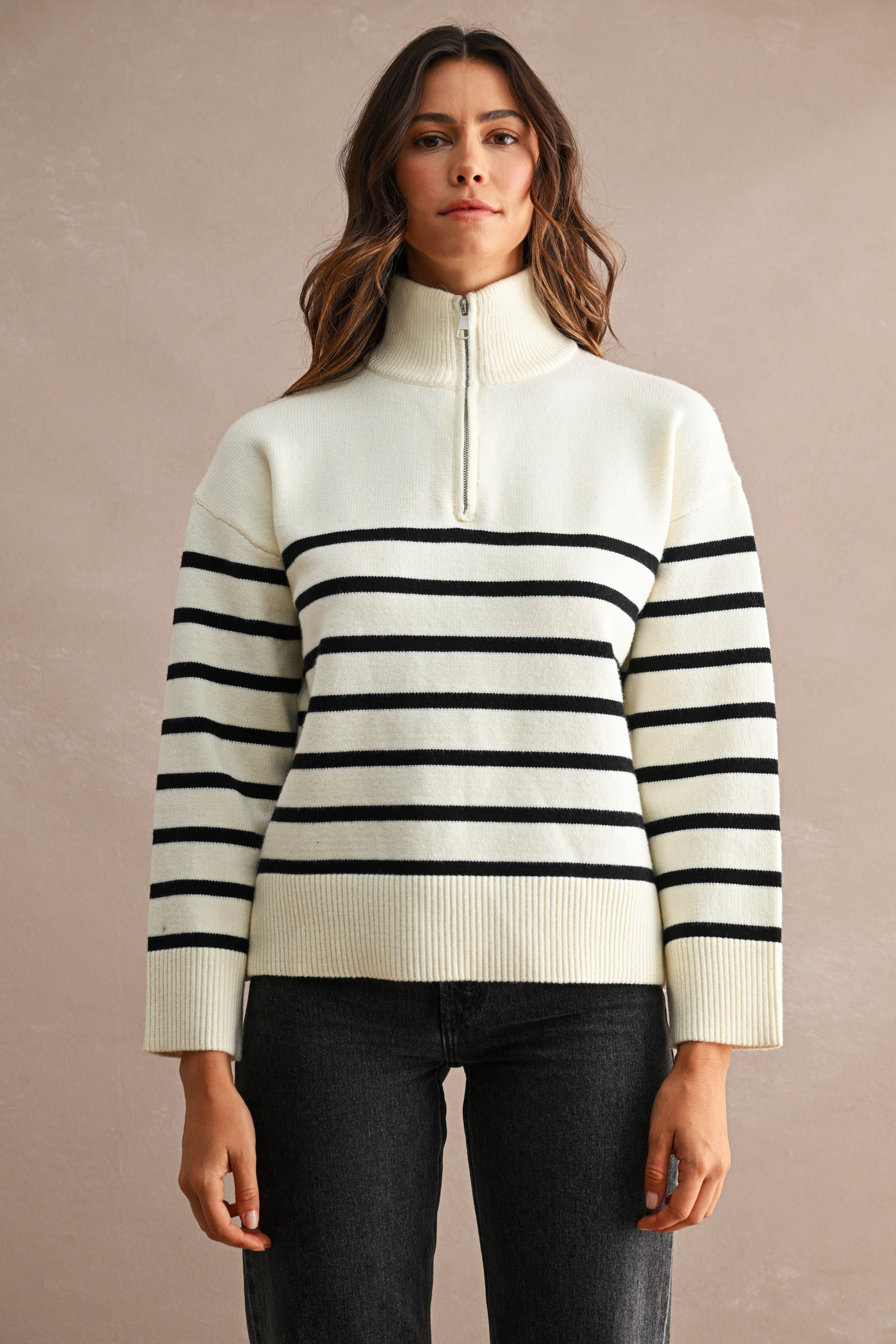 Stripe Half Zip Up Sweater Top