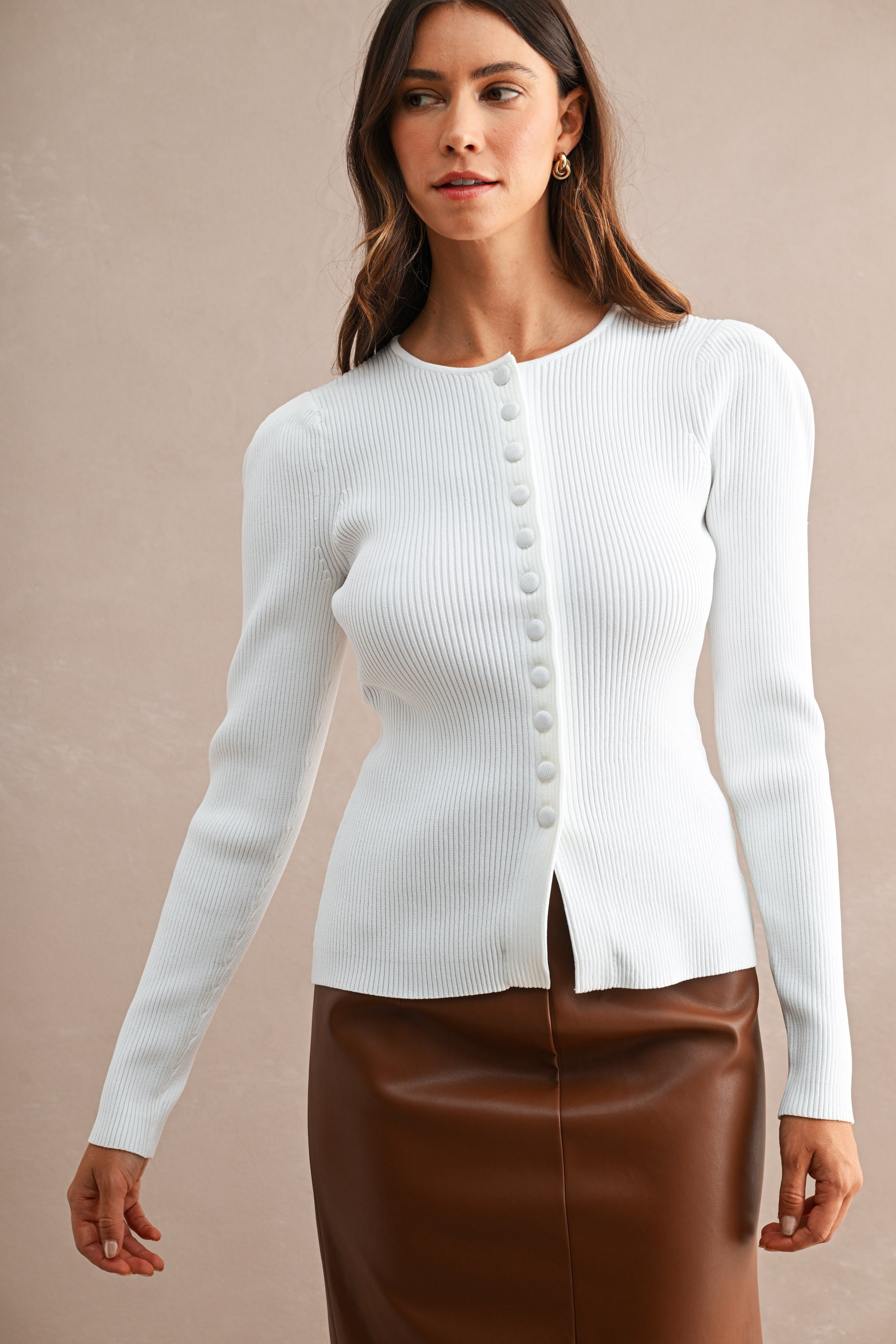 Puff Long Sleeve Ribbed Button Front Knit Top
