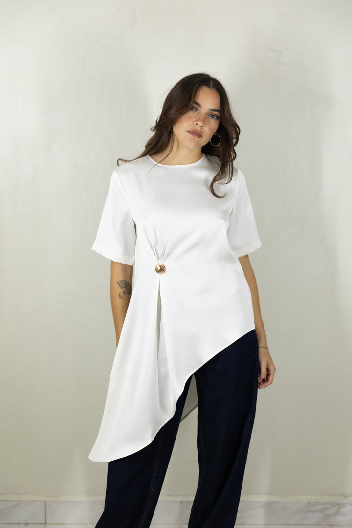 Cream Asymmetric Satin Top