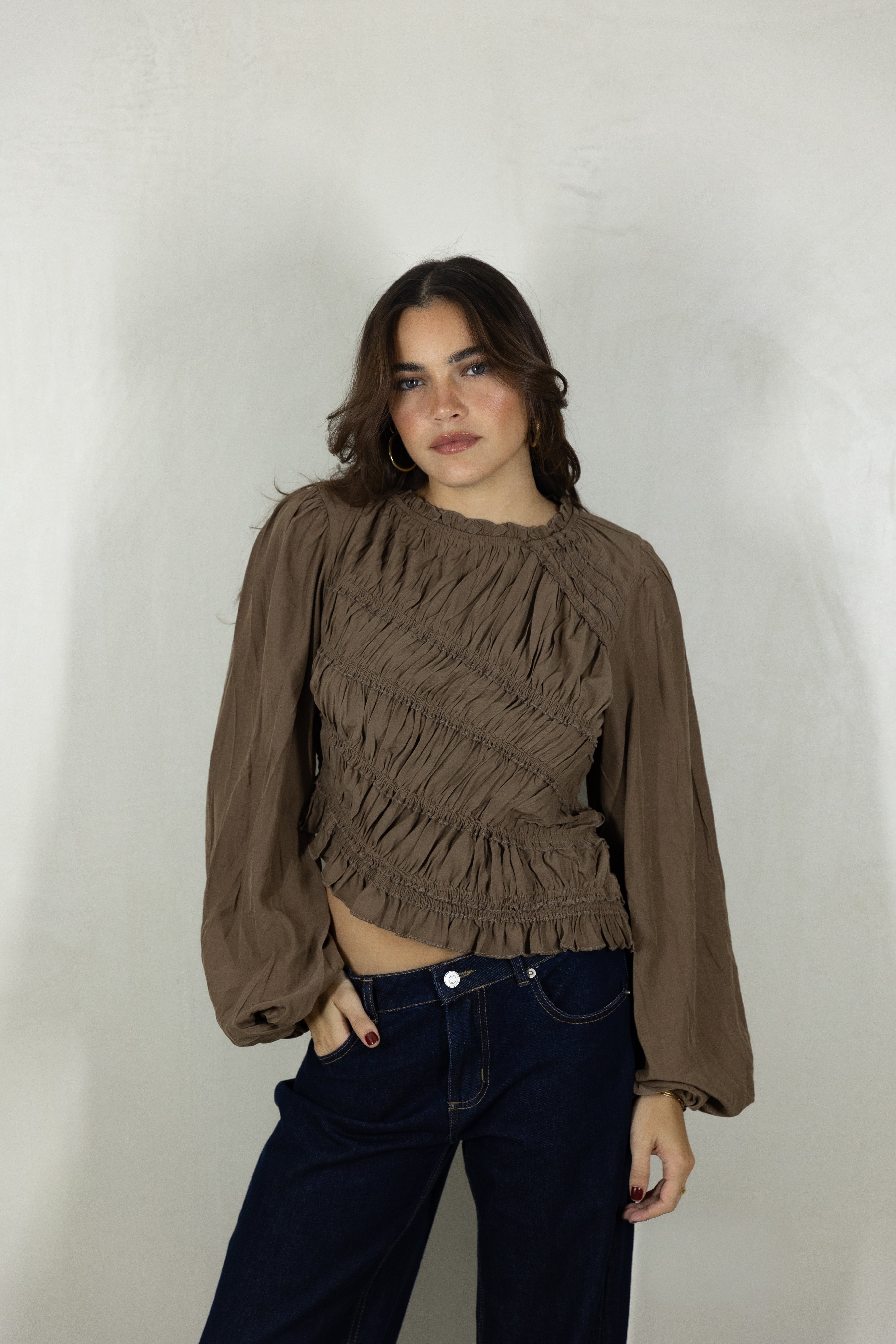 Brown Ruched Ruffle Top