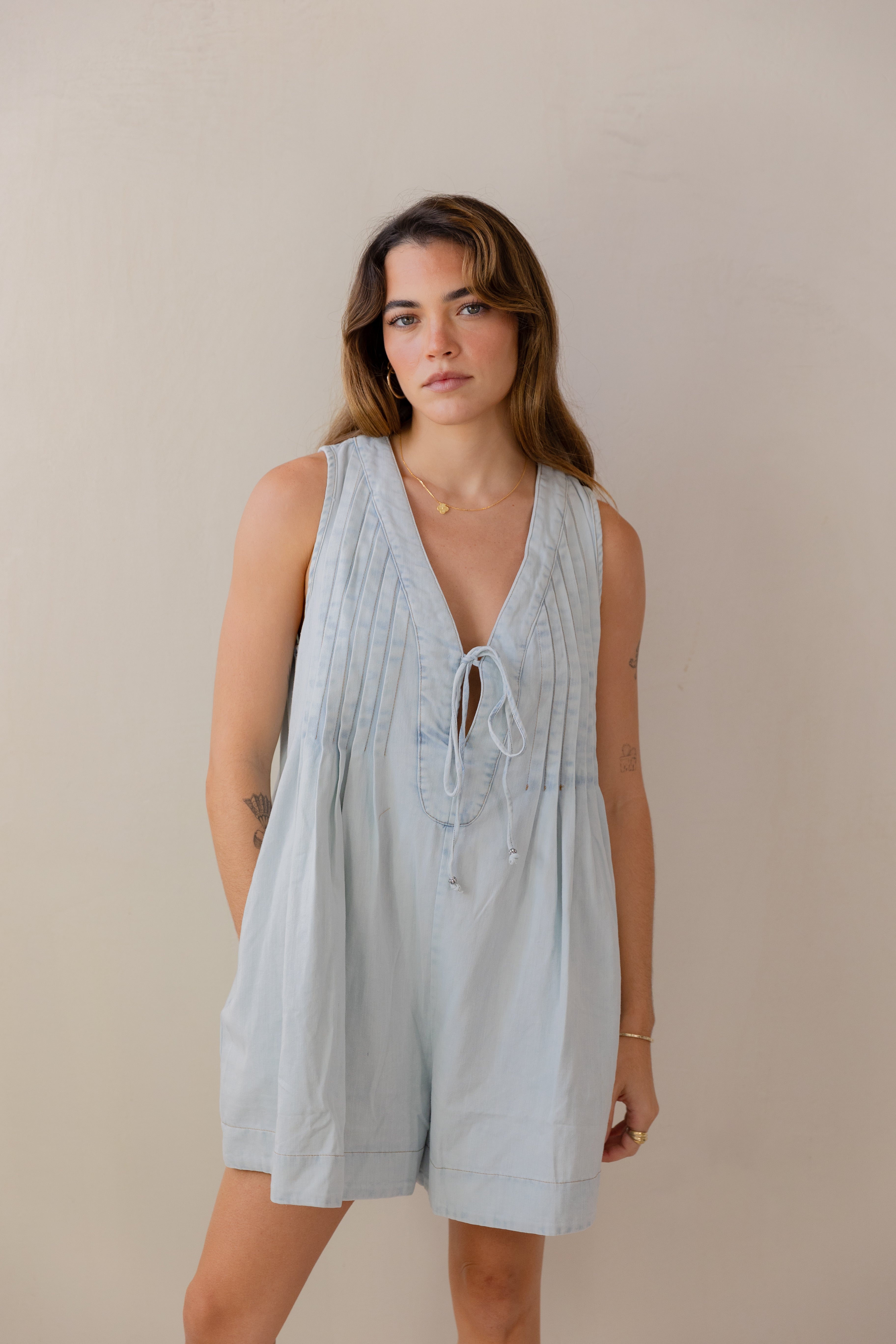 Pleated Denim Romper