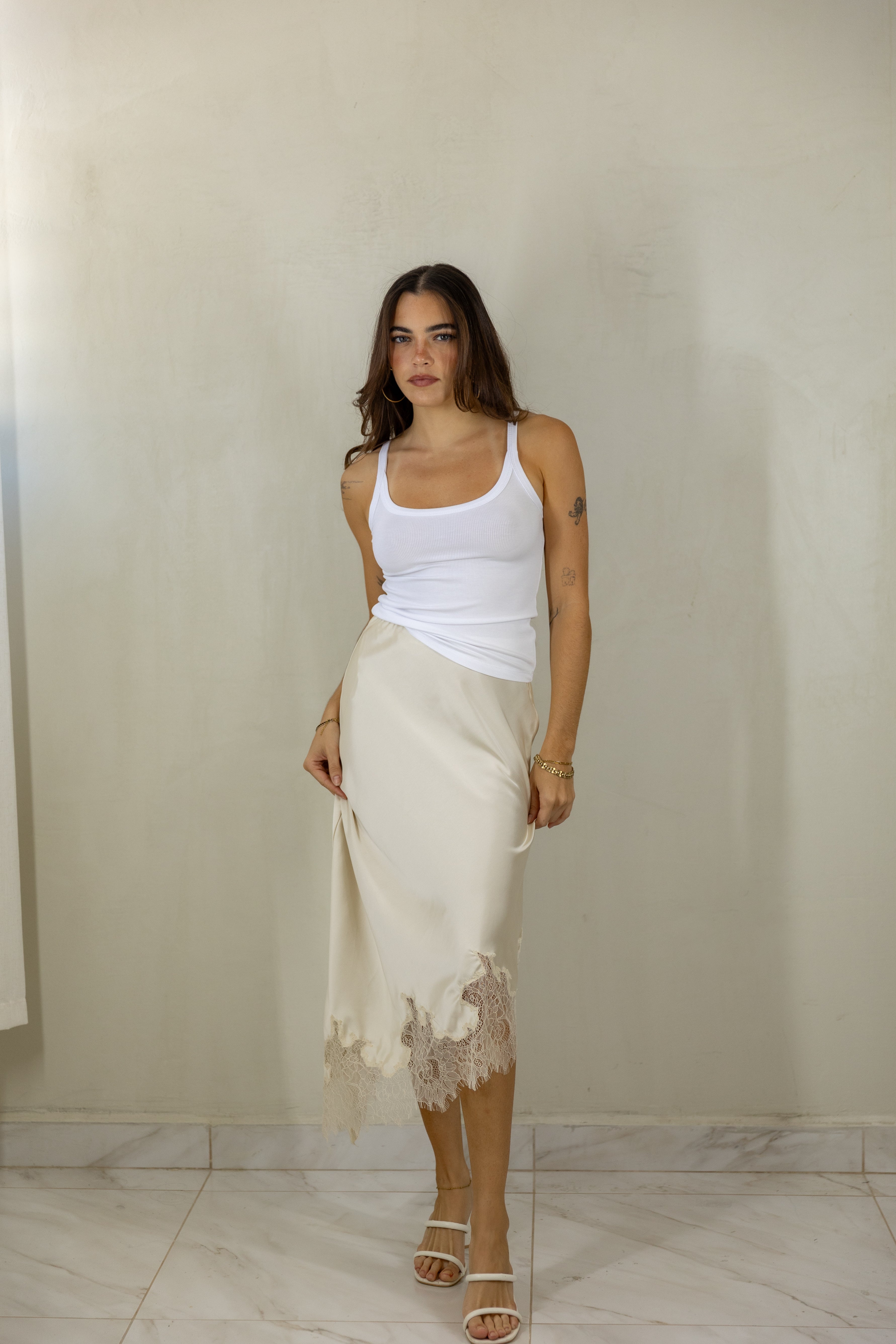 Cream Satin Midi Skirt