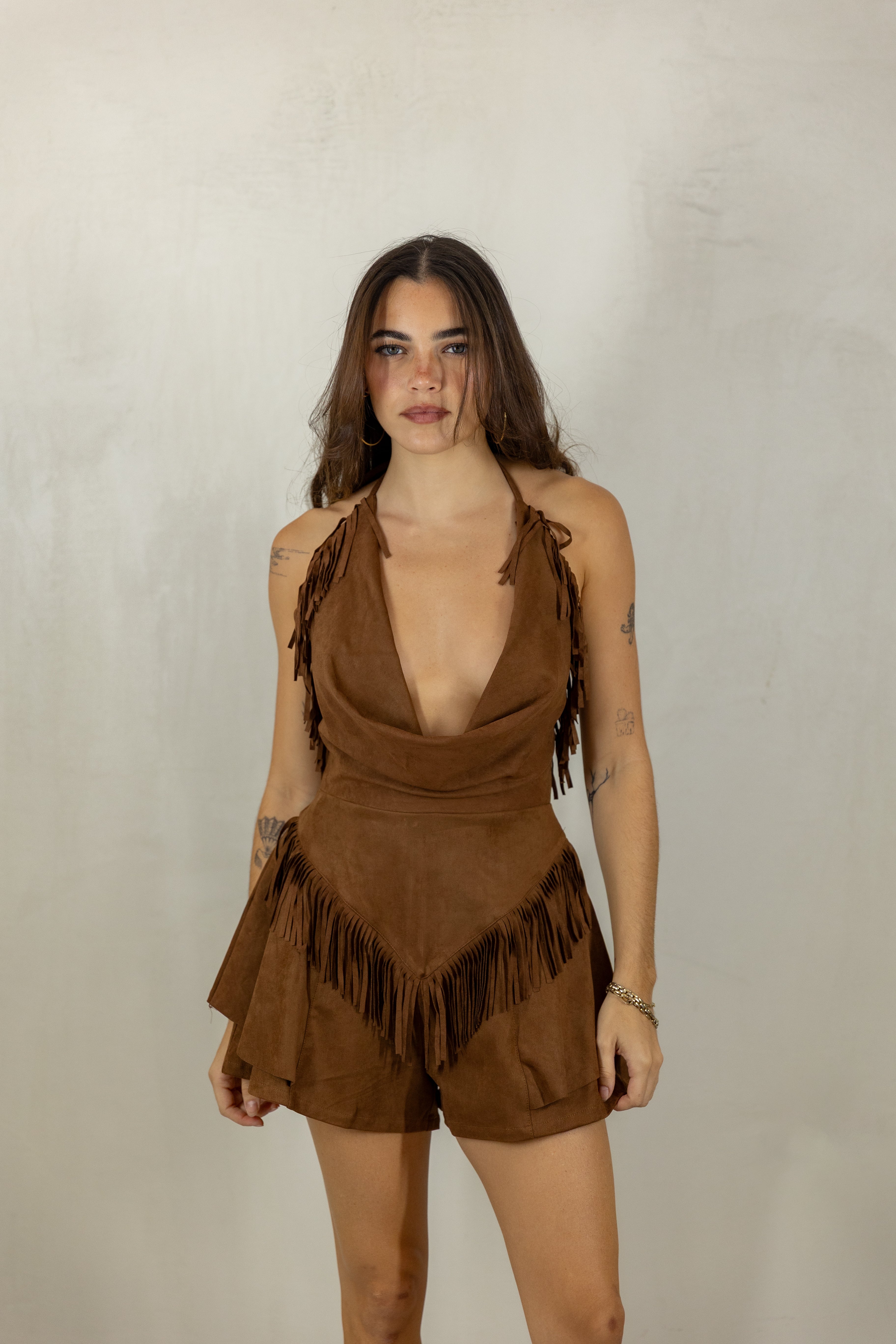 Camel Fringe Romper