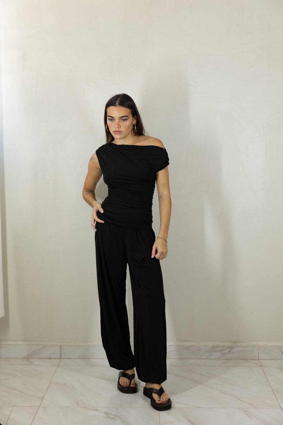 Black One-Shoulder Ruched Two-Piece Set