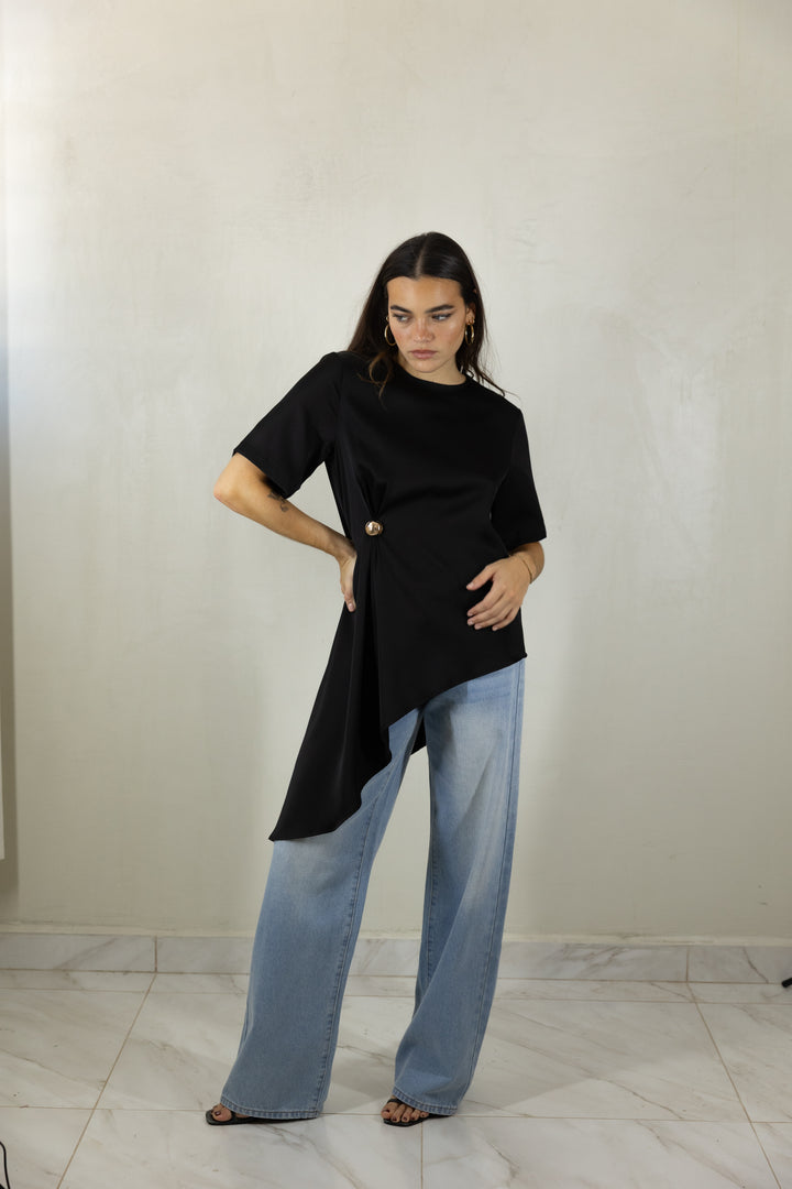 Black Asymmetric Satin Top