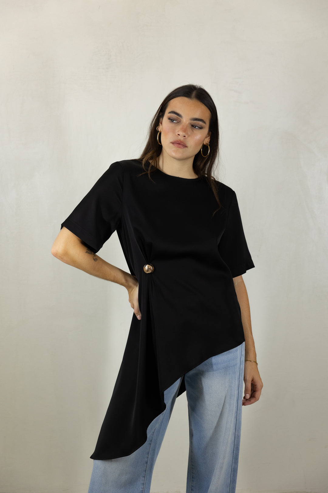 Black Asymmetric Satin Top