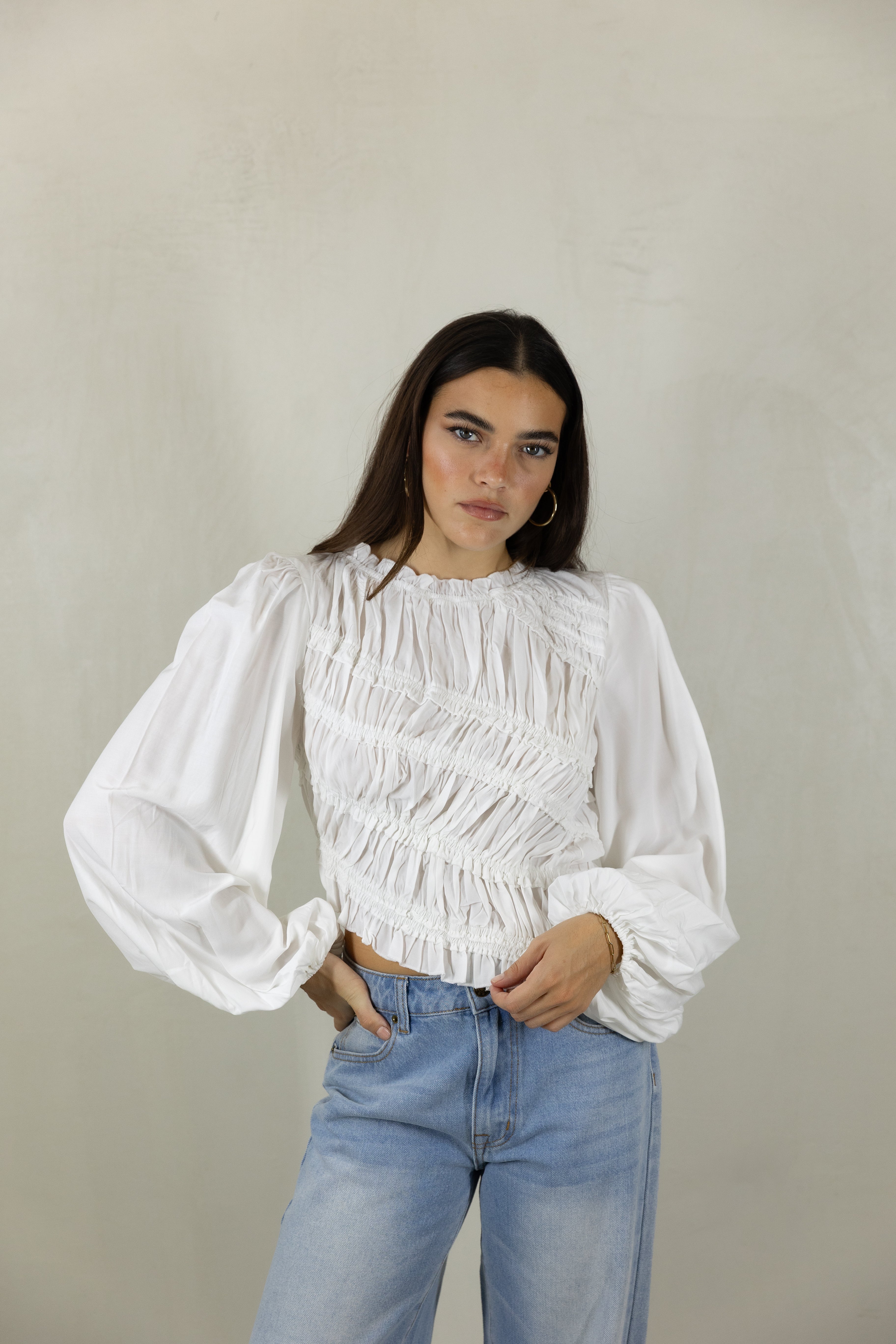 White Ruched Ruffle Top