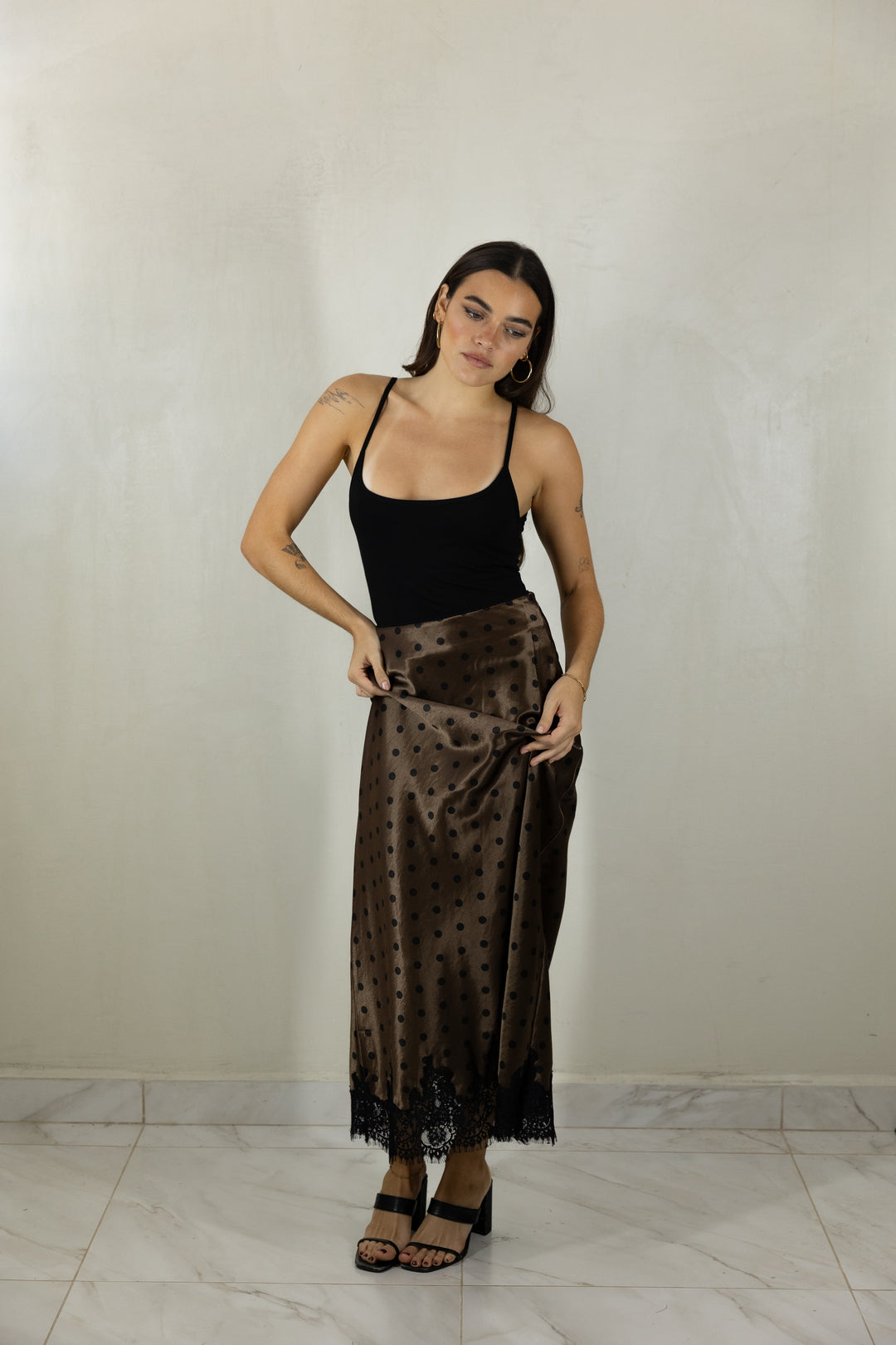 Brown Polka Midi Skirt