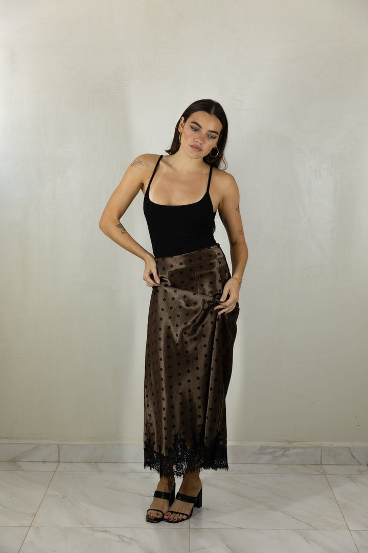 Brown Polka Midi Skirt