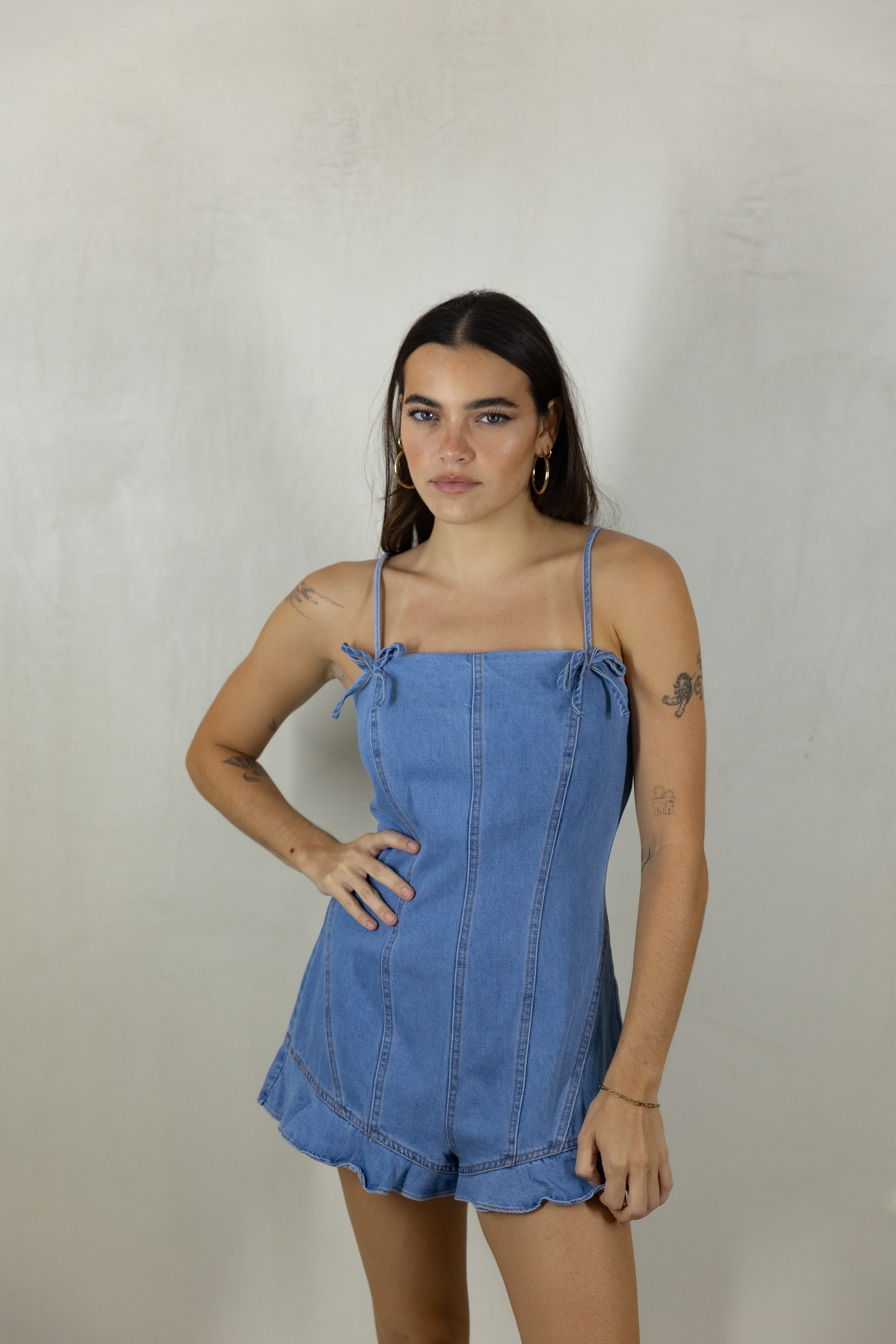 Denim Bow Detail Strap Shoulder Romper