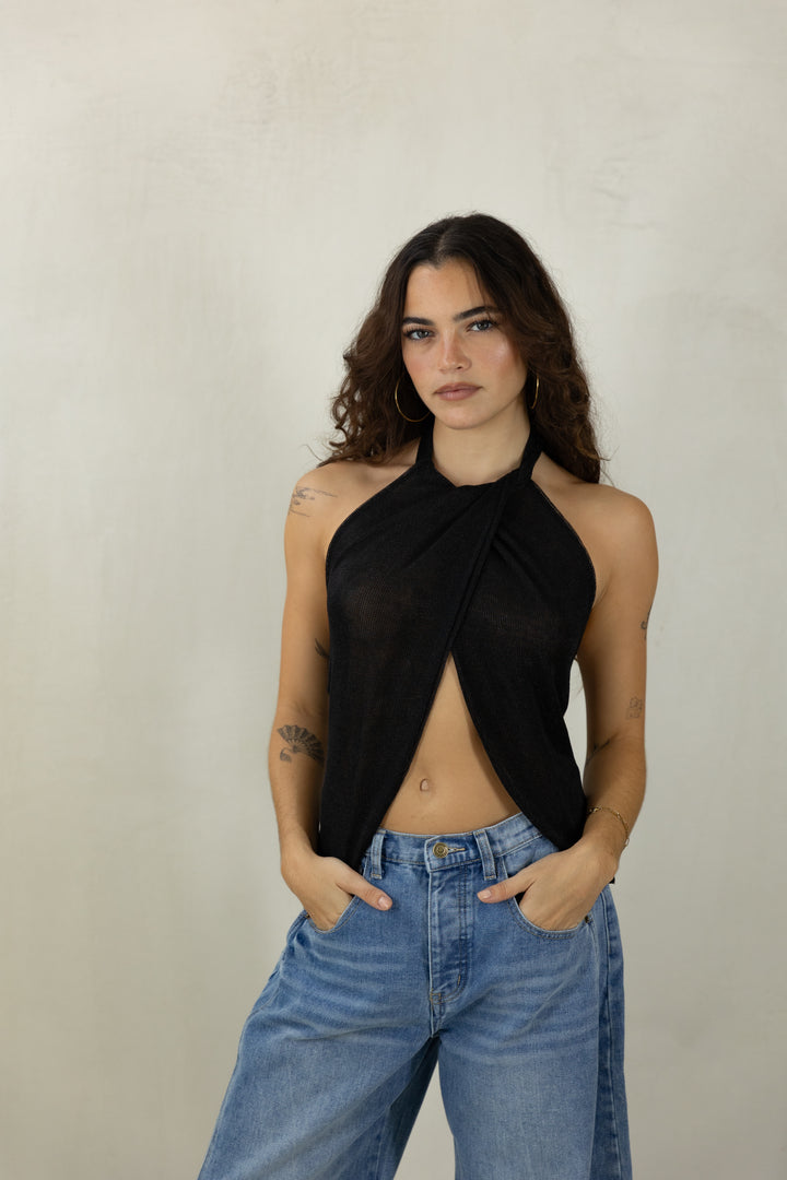 Black Metallic Flyaway Top