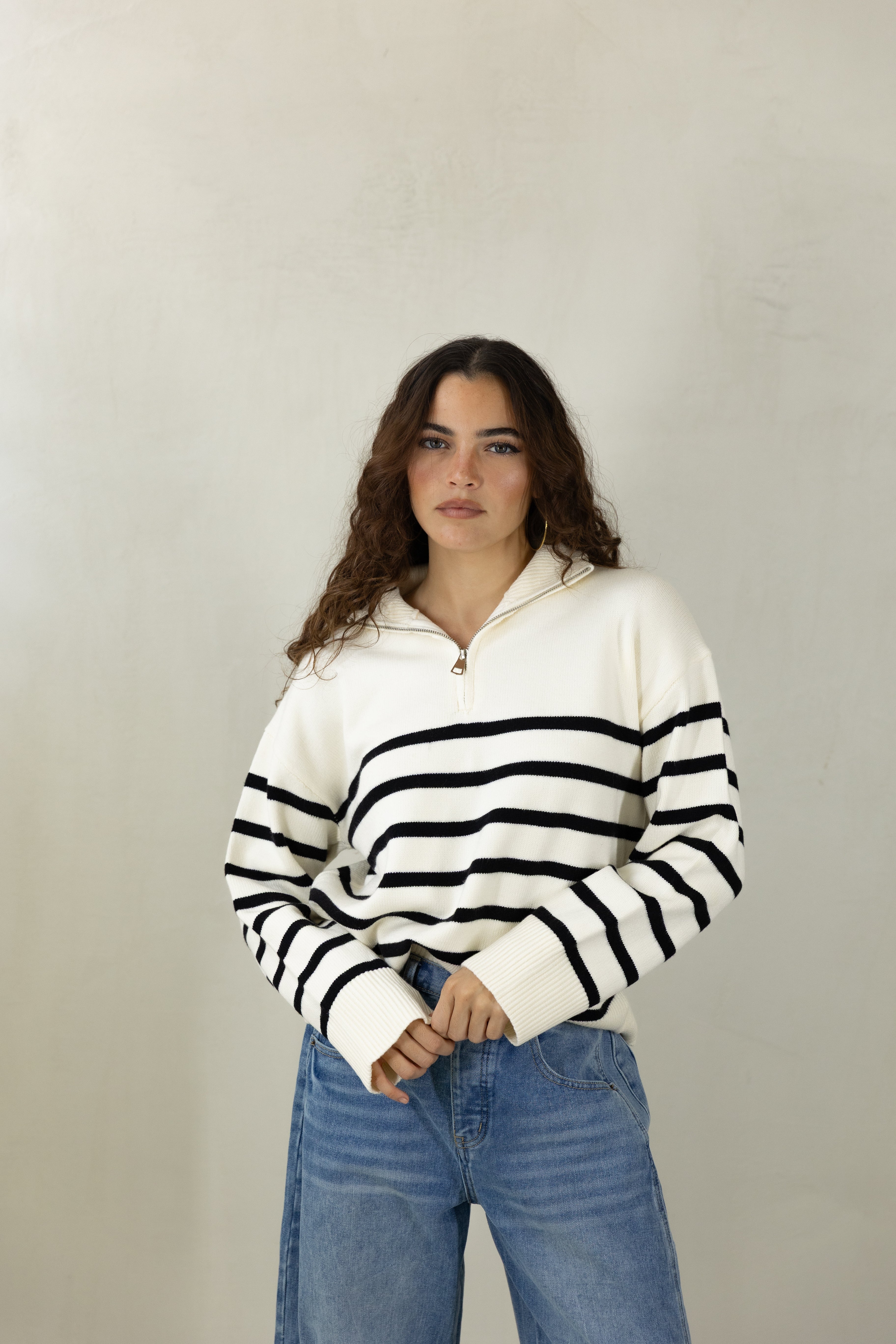 Stripe Half Zip Up Sweater Top