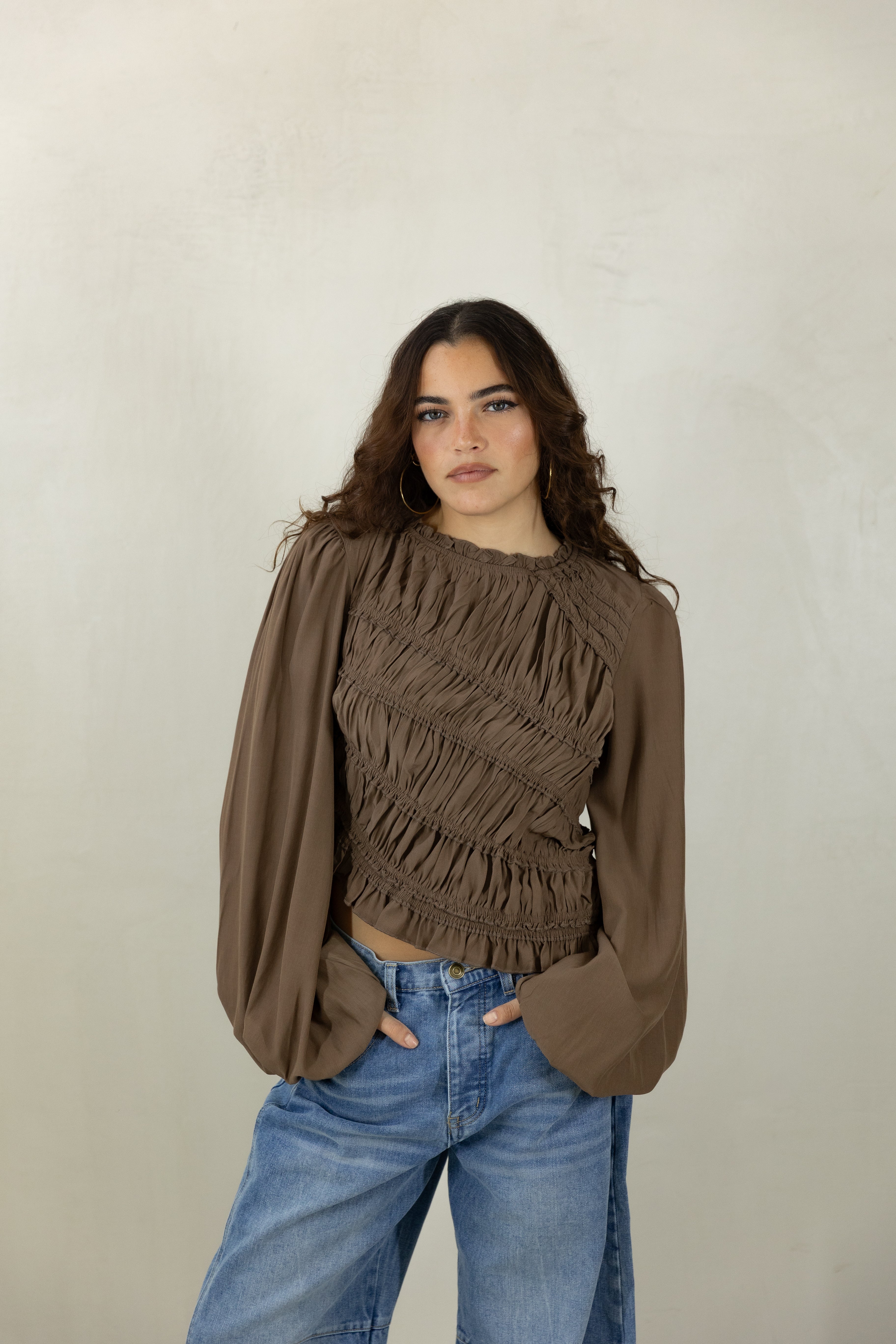 Brown Ruched Ruffle Top