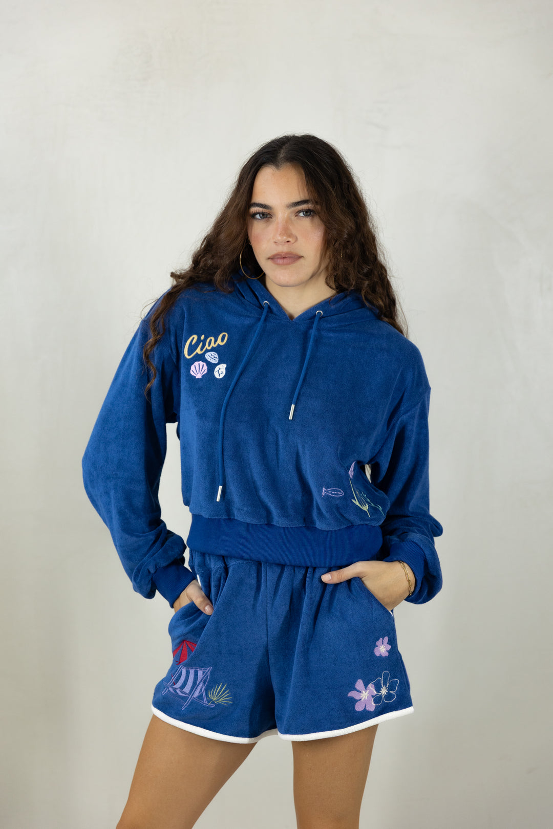 Embroidered Terry Crop Hoodie and Shorts Set