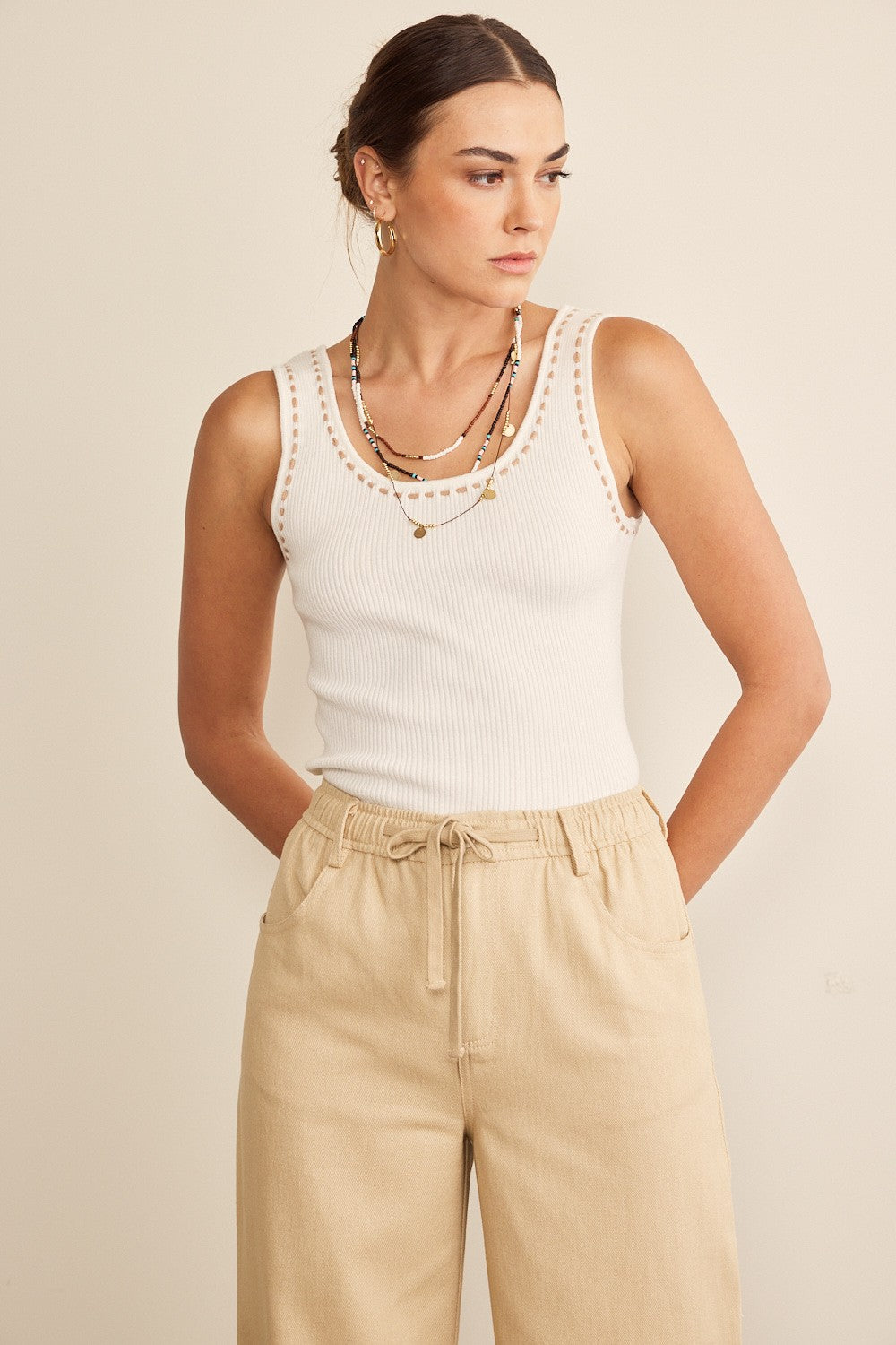 White Stitch Detail Top