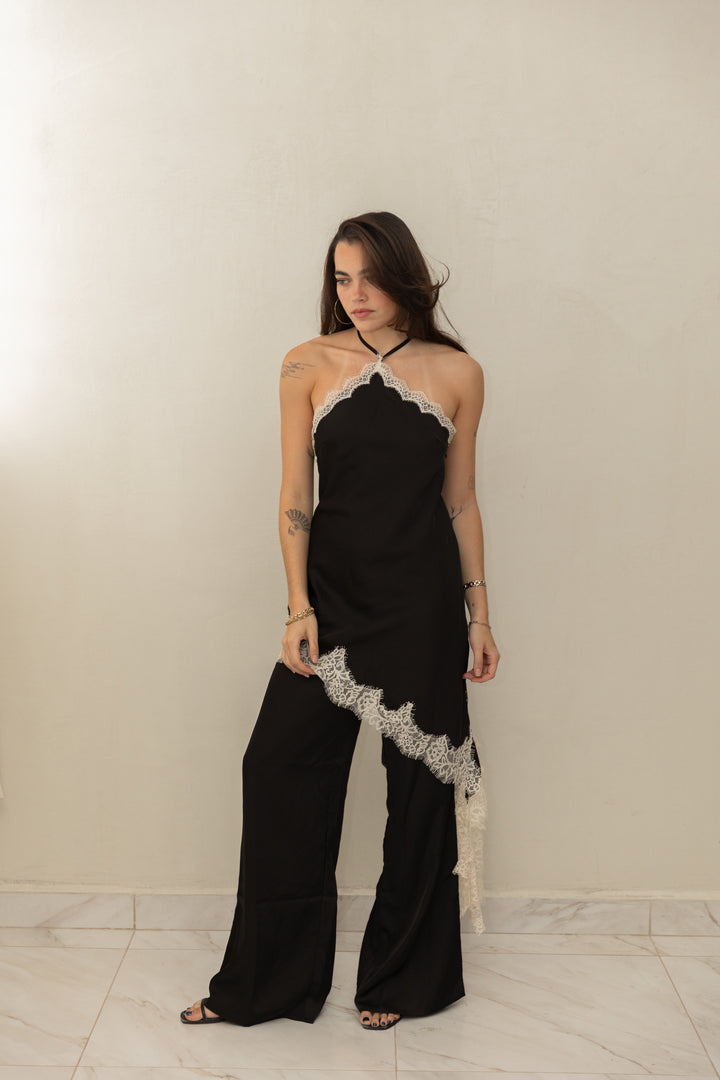 Black Satin Lace Jumpsuit