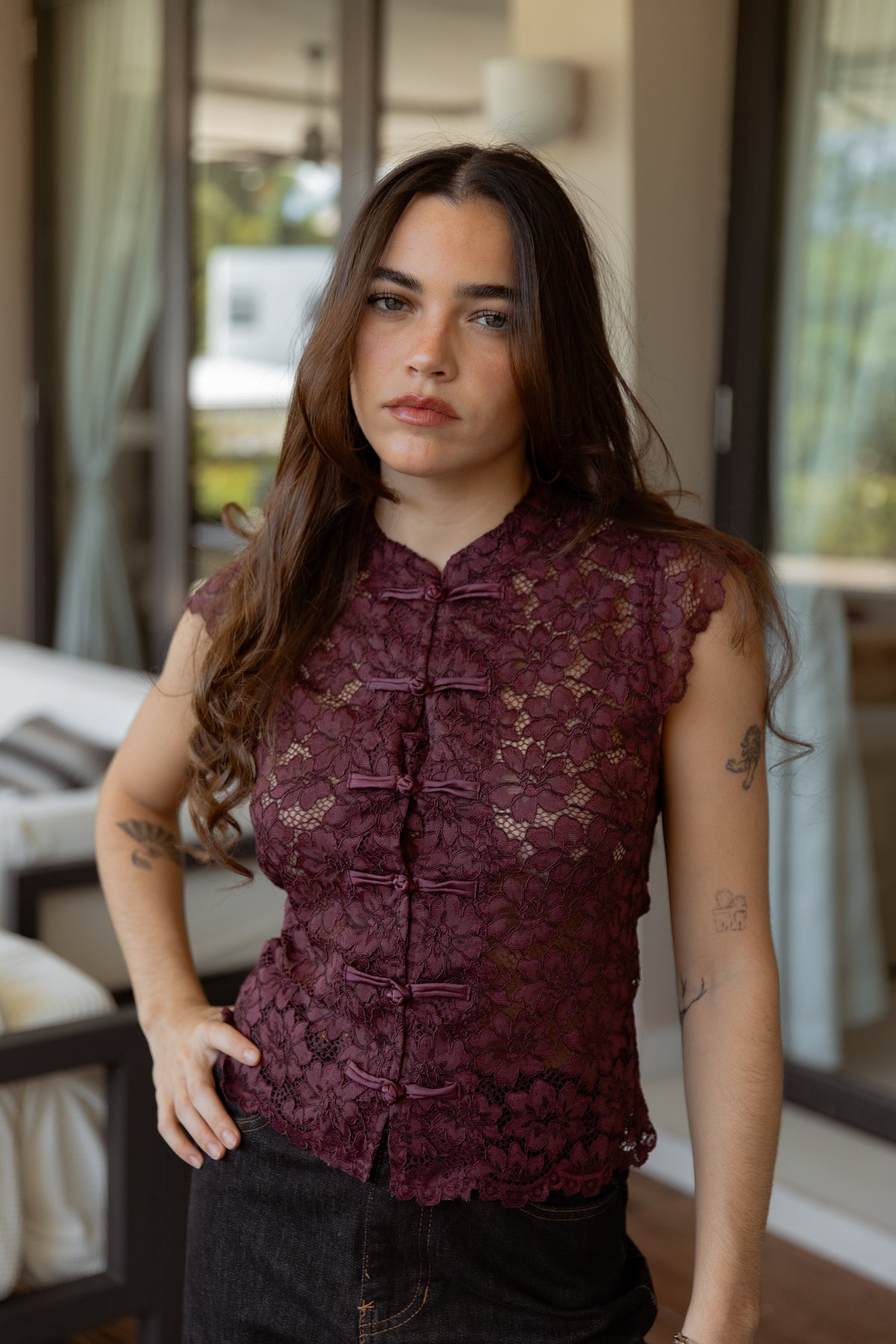 Burgundy Mandarin Collar Top