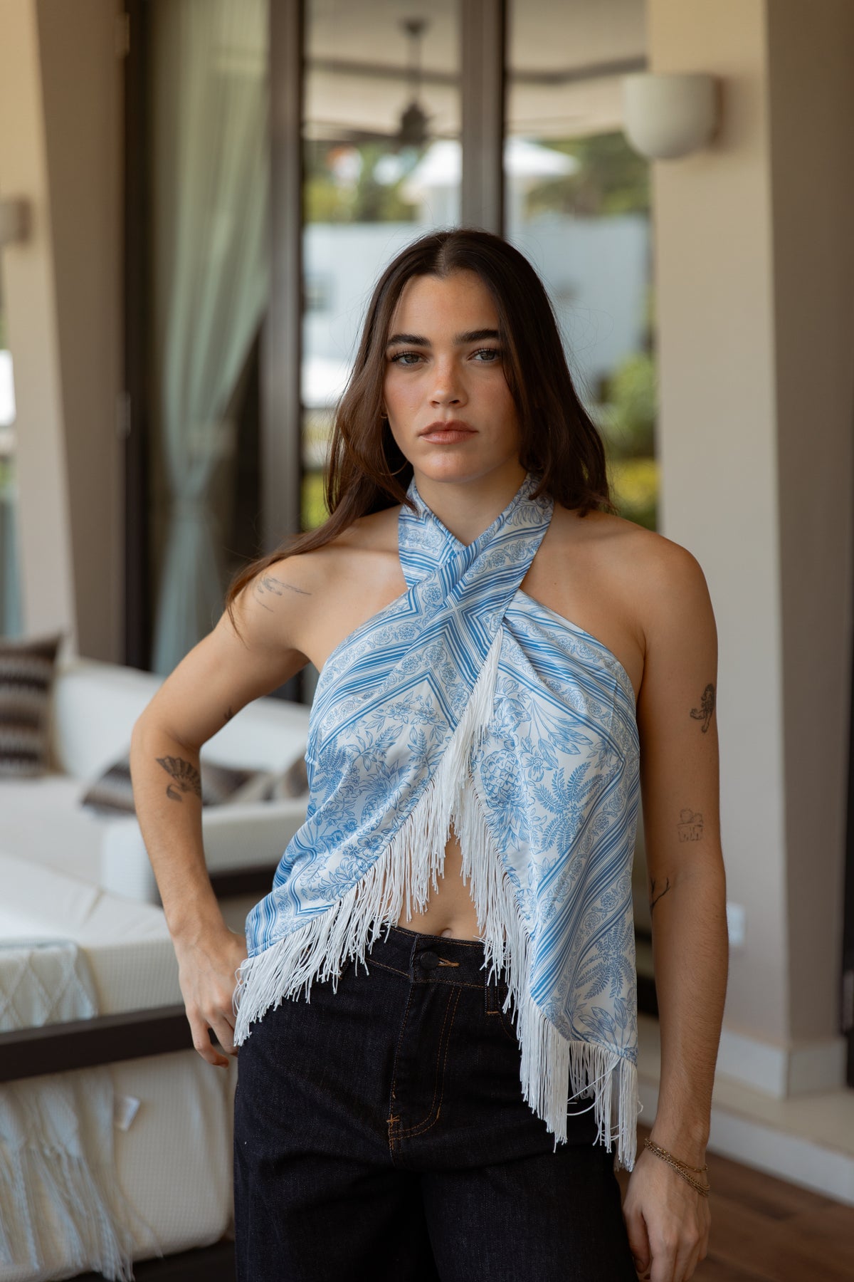 Toile De Jouy Tile Twisted Halter Fringe Top