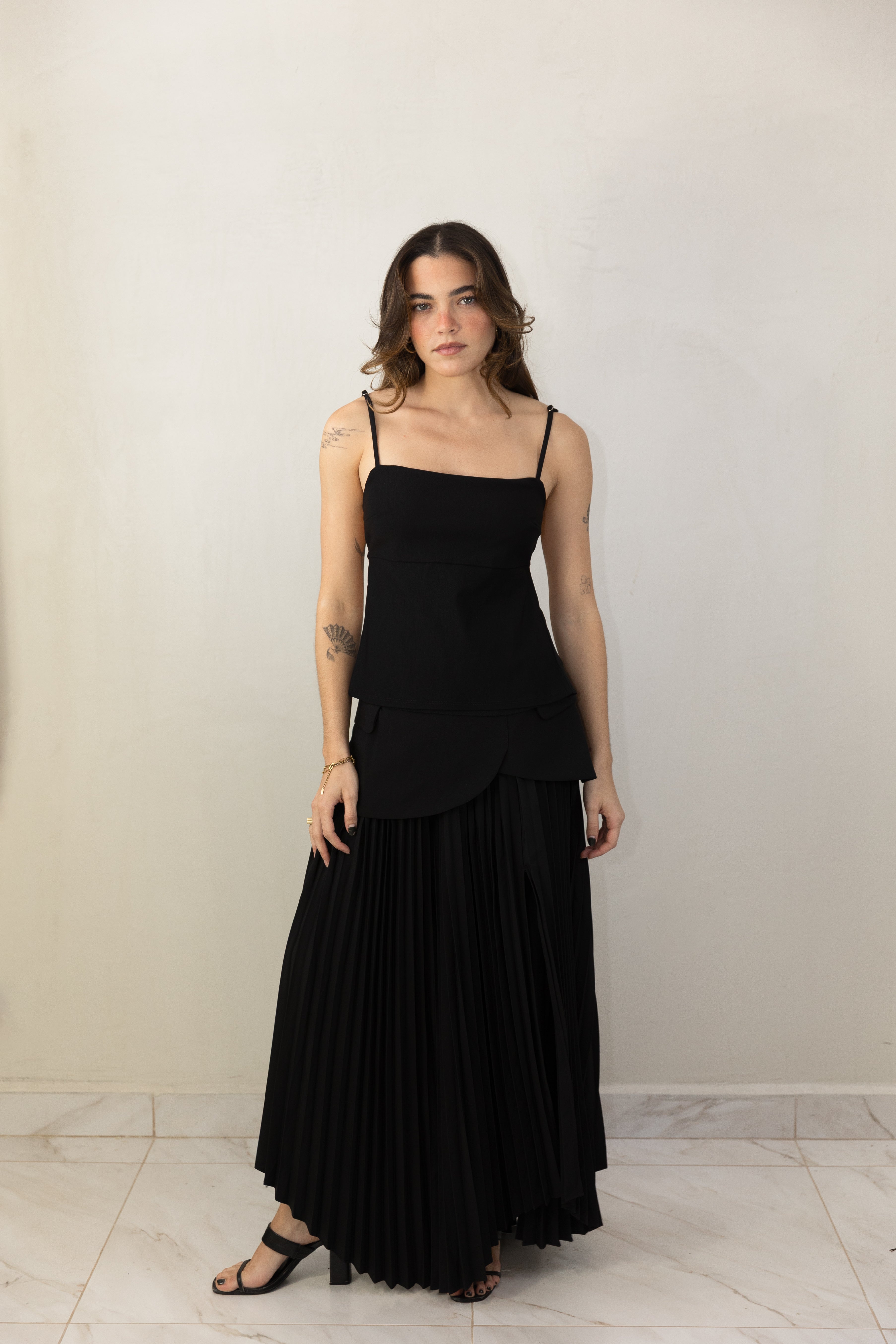 Black Pleated Slit Skirt