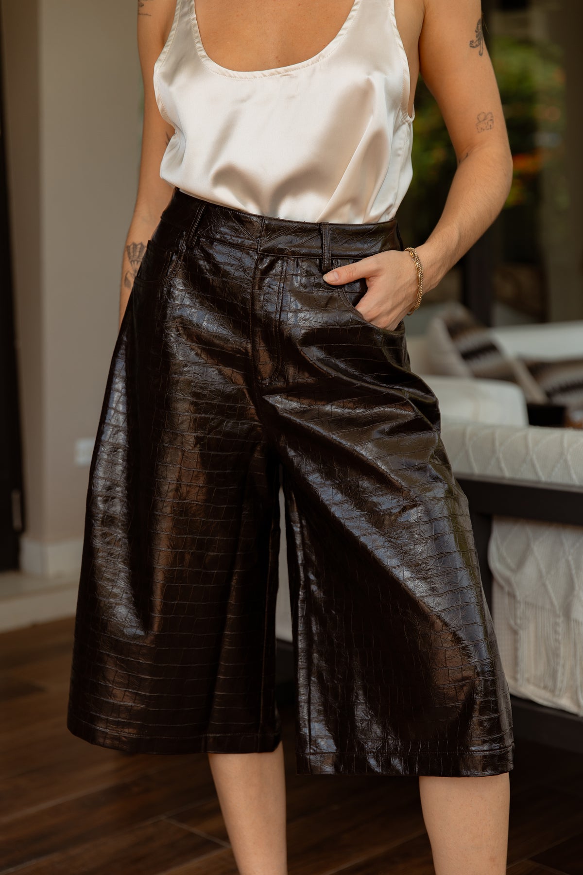 Leather Wide-Leg Bermuda Shorts