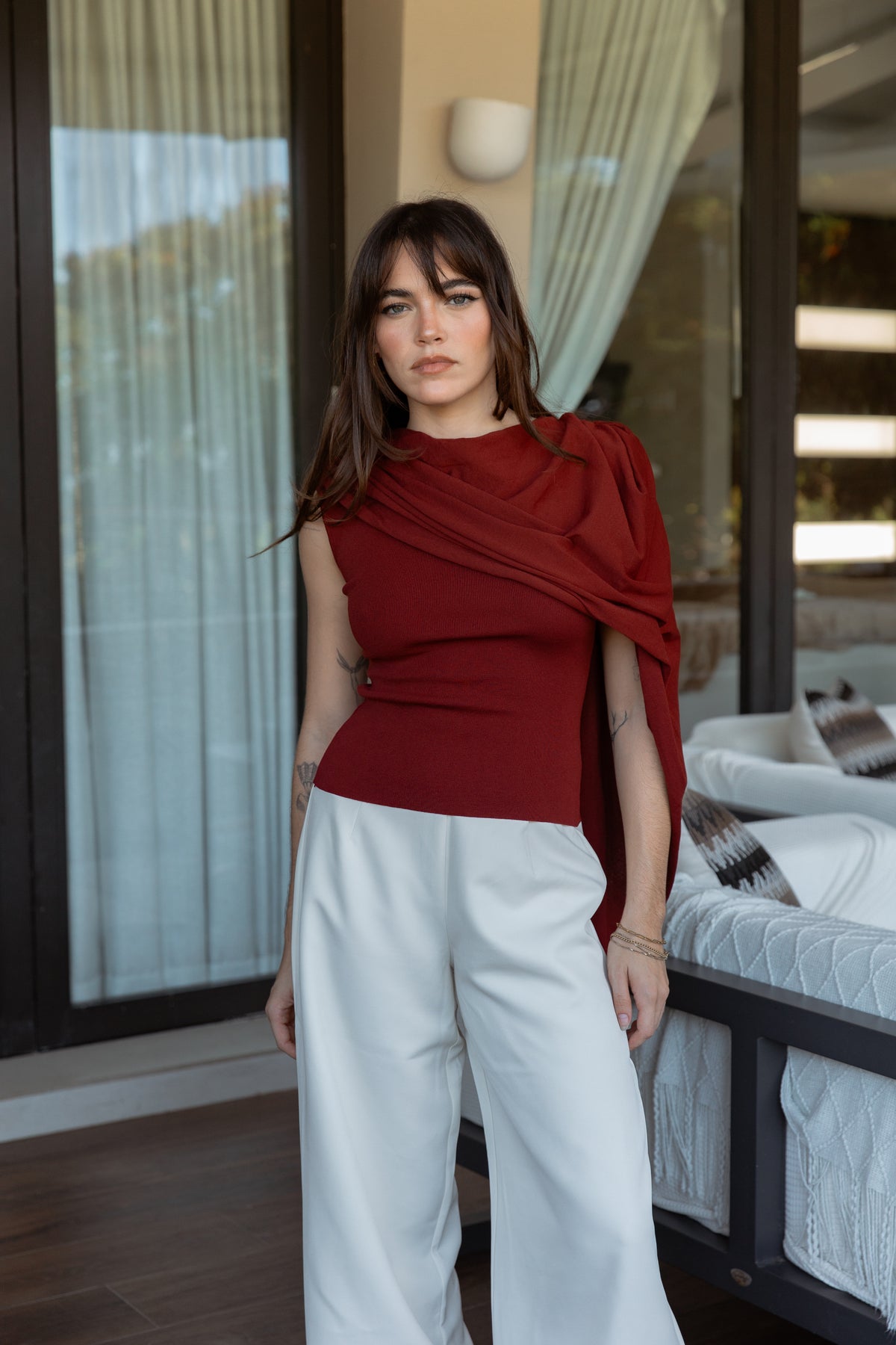 Knit Asymmetric Draped Scarf Top