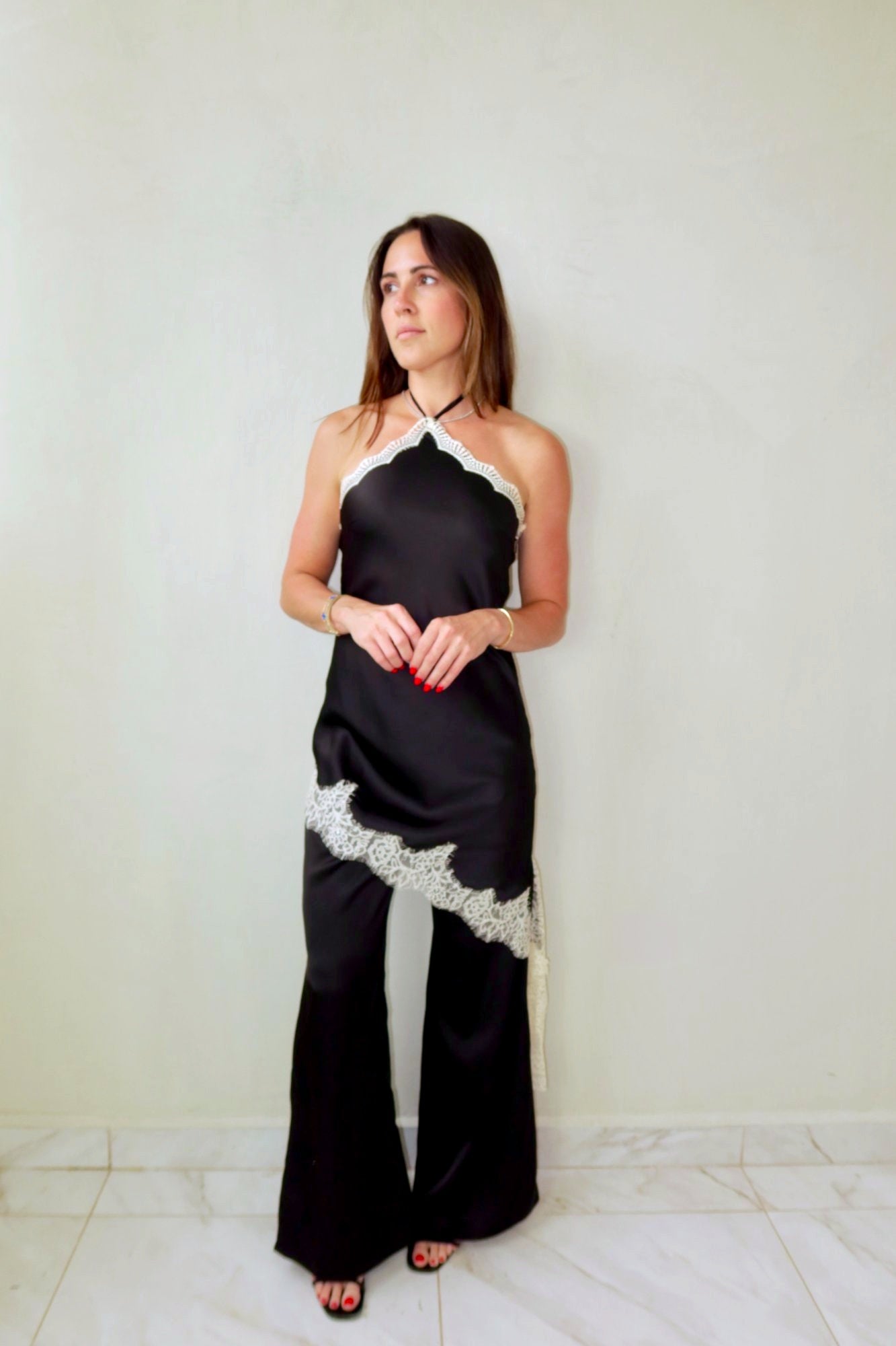 Black Satin Lace Jumpsuit