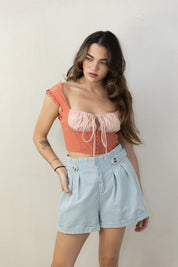 Pleated Denim Shorts