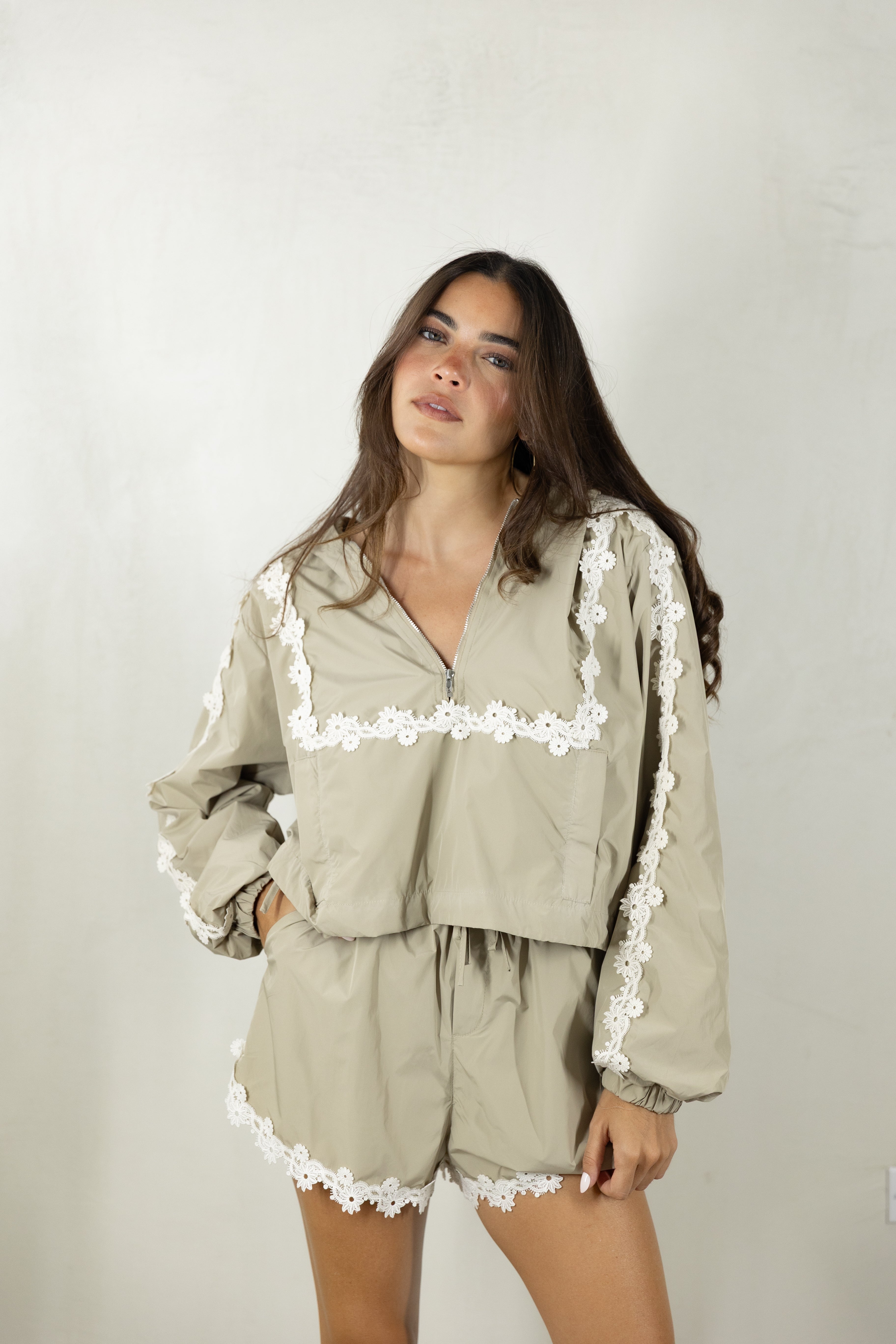 Cream Floral Windbreaker and Shorts Set