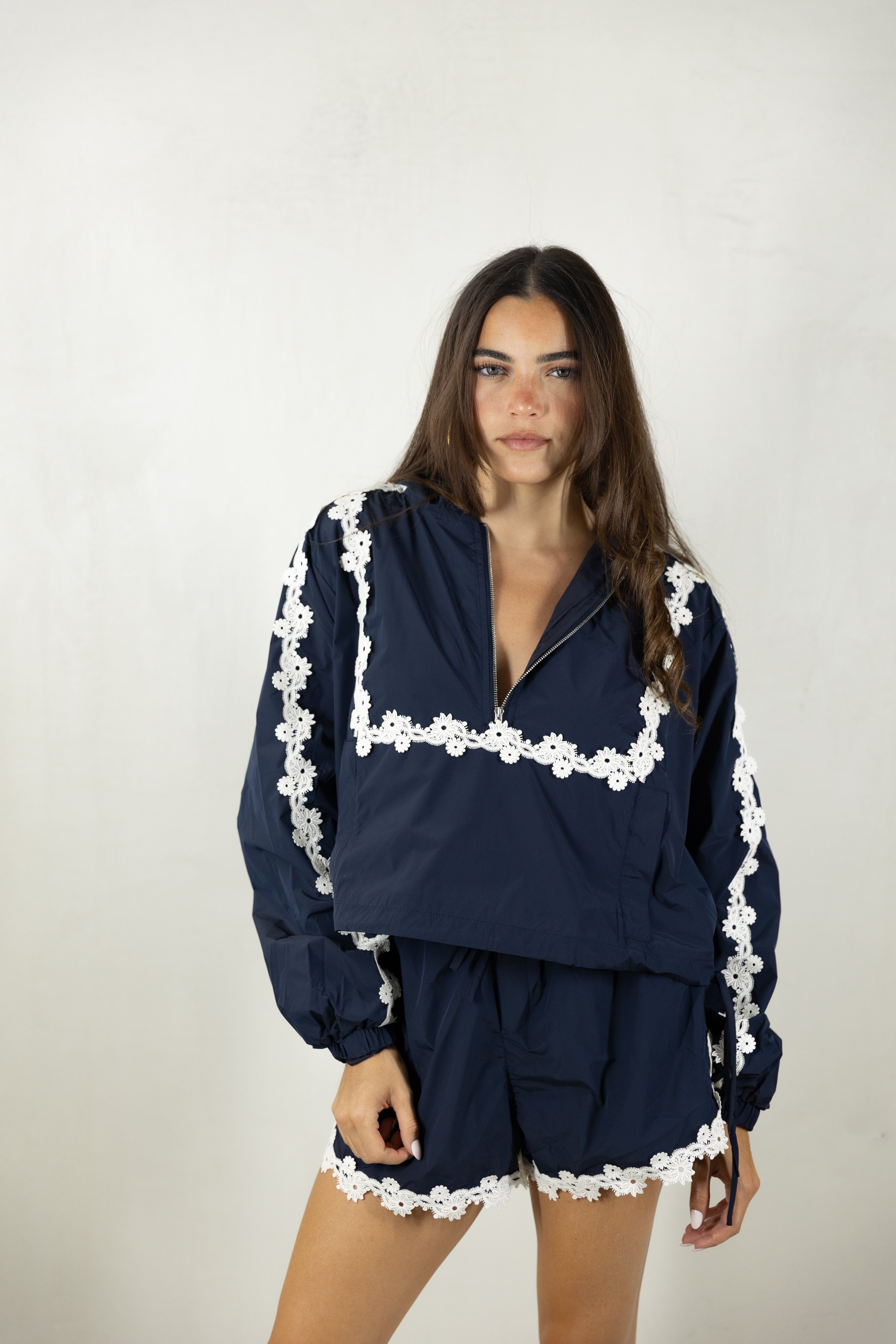 Navy Floral Windbreaker and Shorts Set