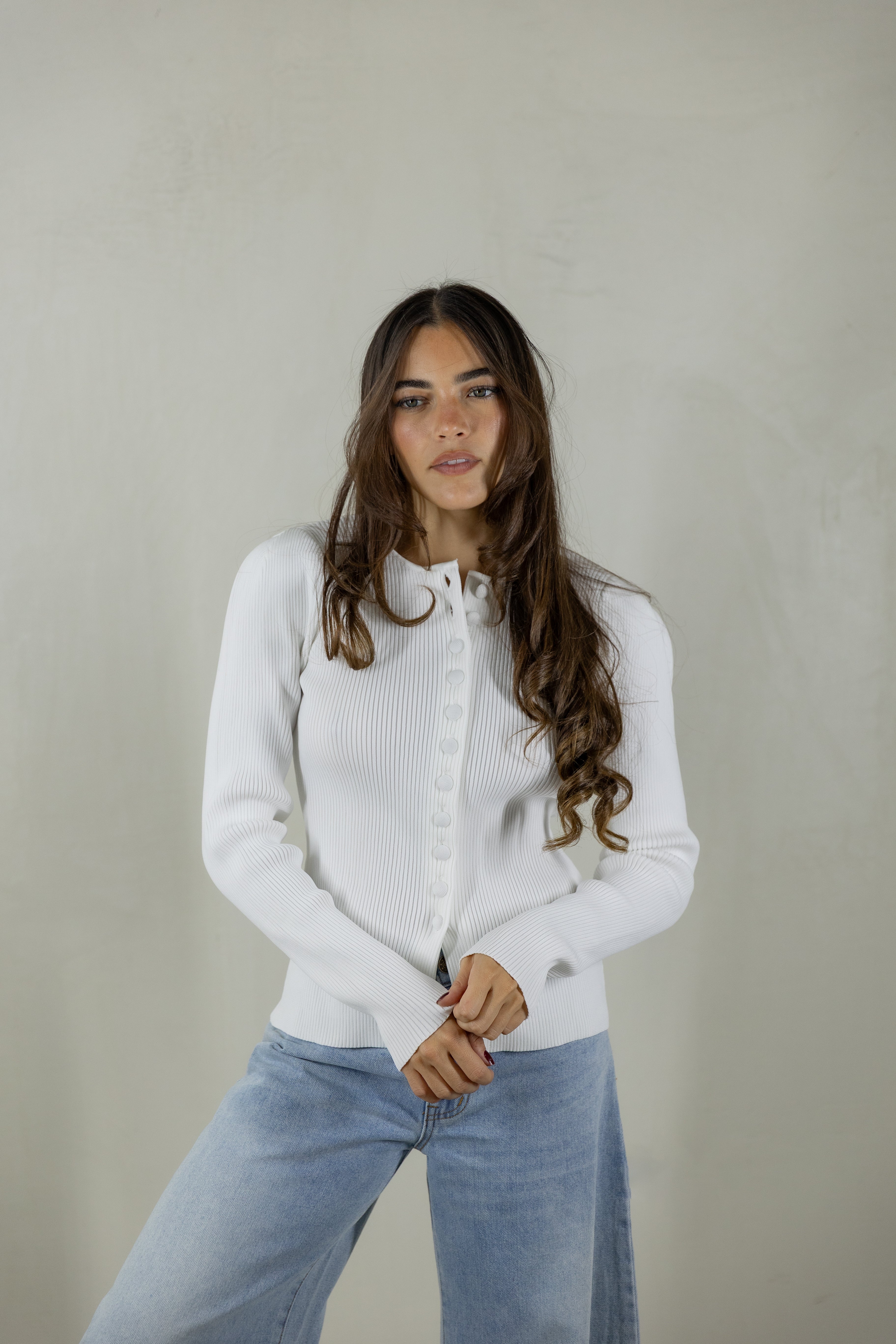 Puff Long Sleeve Ribbed Button Front Knit Top