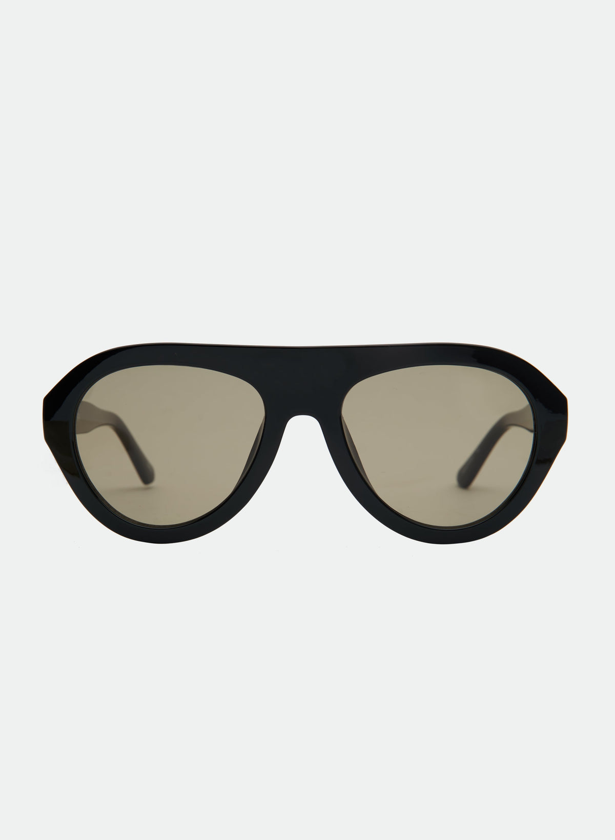 Maddy oversized black aviator sunglasses with green lenses, front view