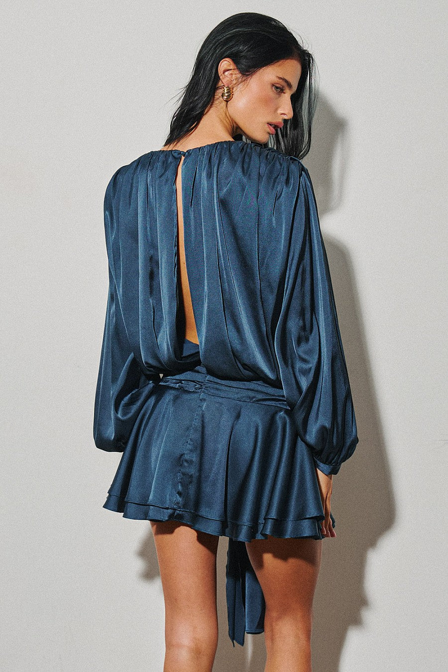 Midnight Shirred Neckline Long Sleeve Mini Dress